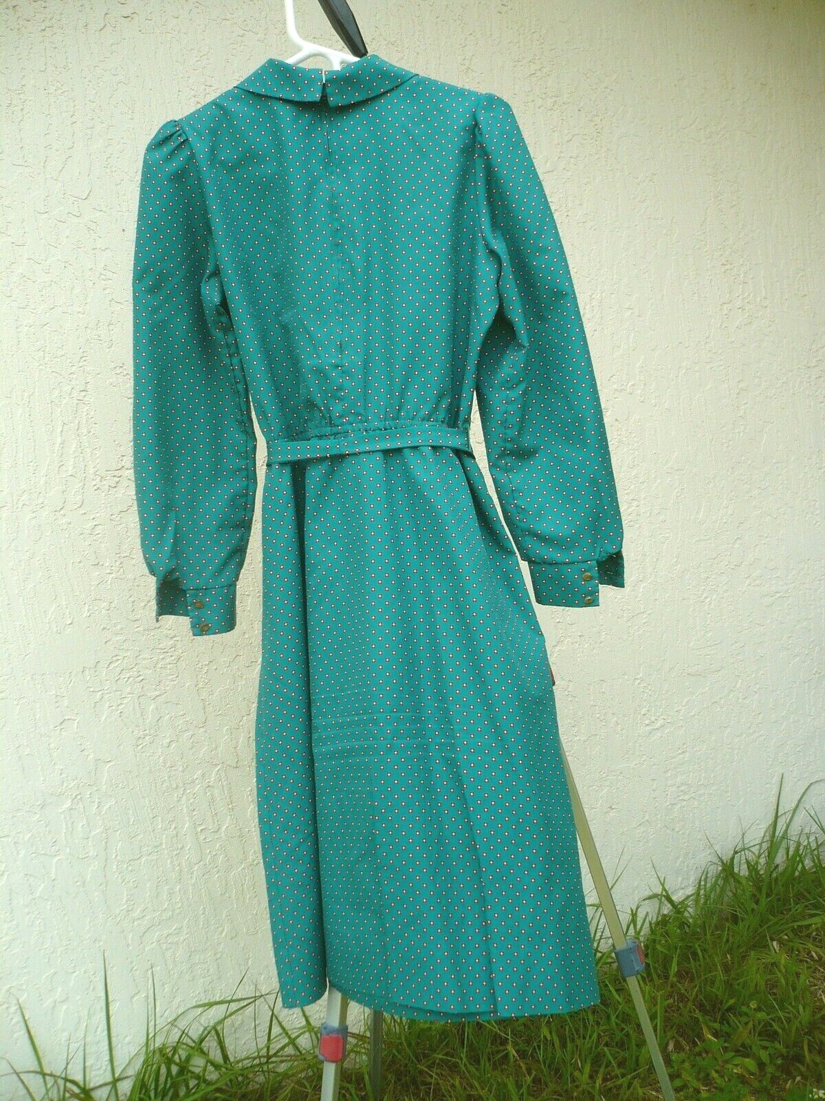 VTG 80S 12 L M NEWTON CENTRE PETER PAN COLLAR SECRETARY DRESS SILKY BELT USA WOM