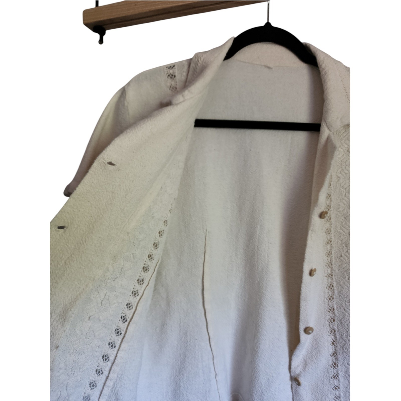 Vintage White Textured Button Front Blouse, Lace Detail, Cottagecore, Size M
