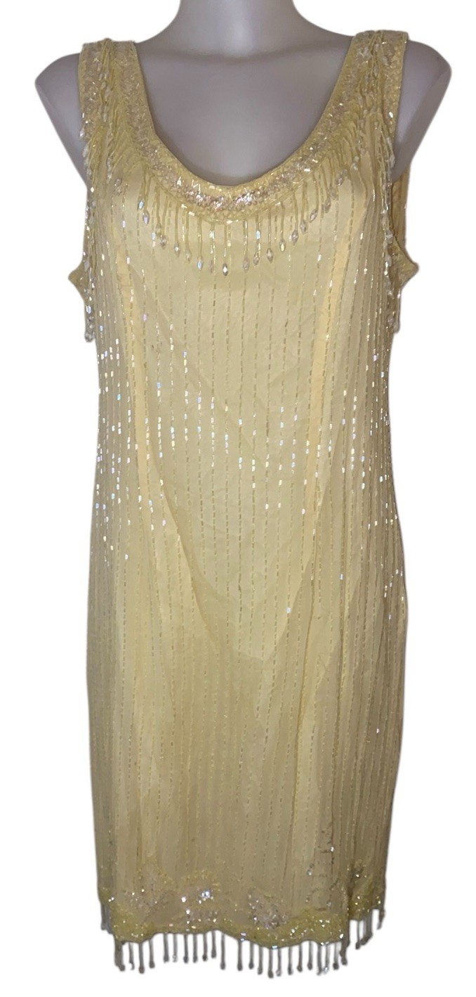 Vtg Womens Gatsby Yellow Silk Embroidered Beaded Dress Sz 14 Retro Flapper