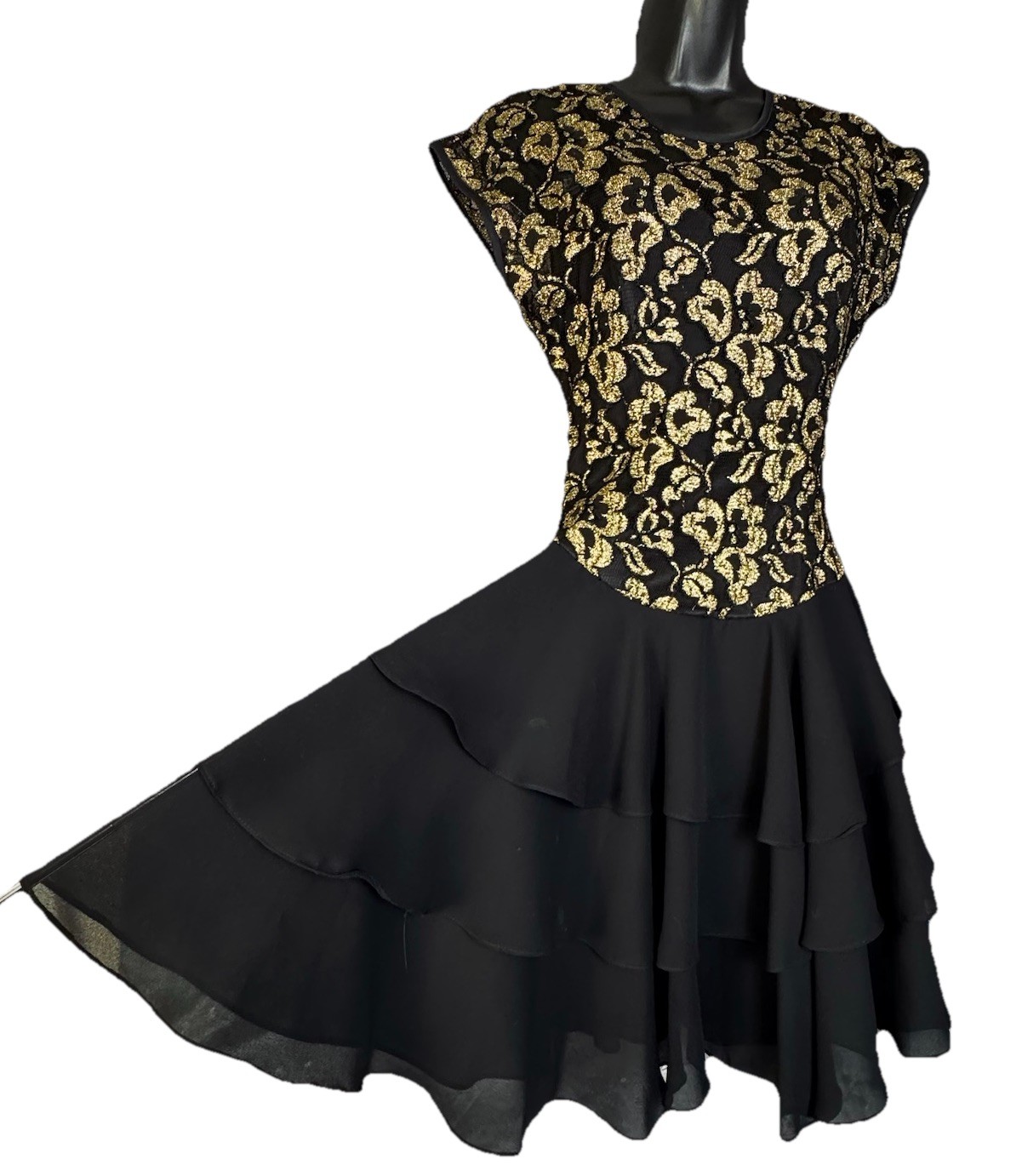 Vintage 80’s Late Edition Black Sheer Gold Floral Tier Ruffle Mini Dress Size 8