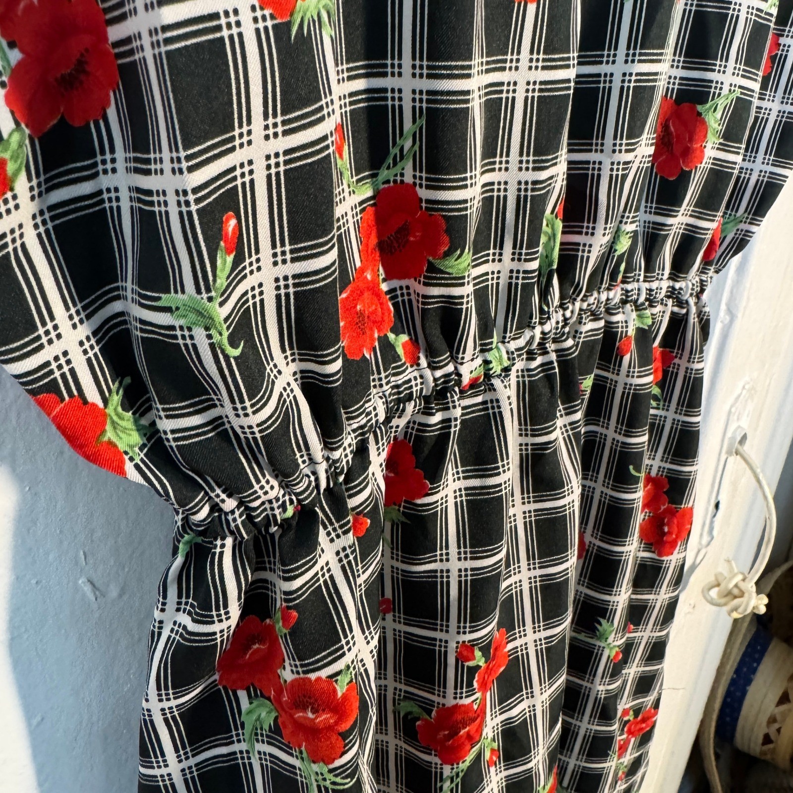 Vtg 1970s Sears The Fashion Place Plaid Poppy Floral Midi Black Red Maximalist