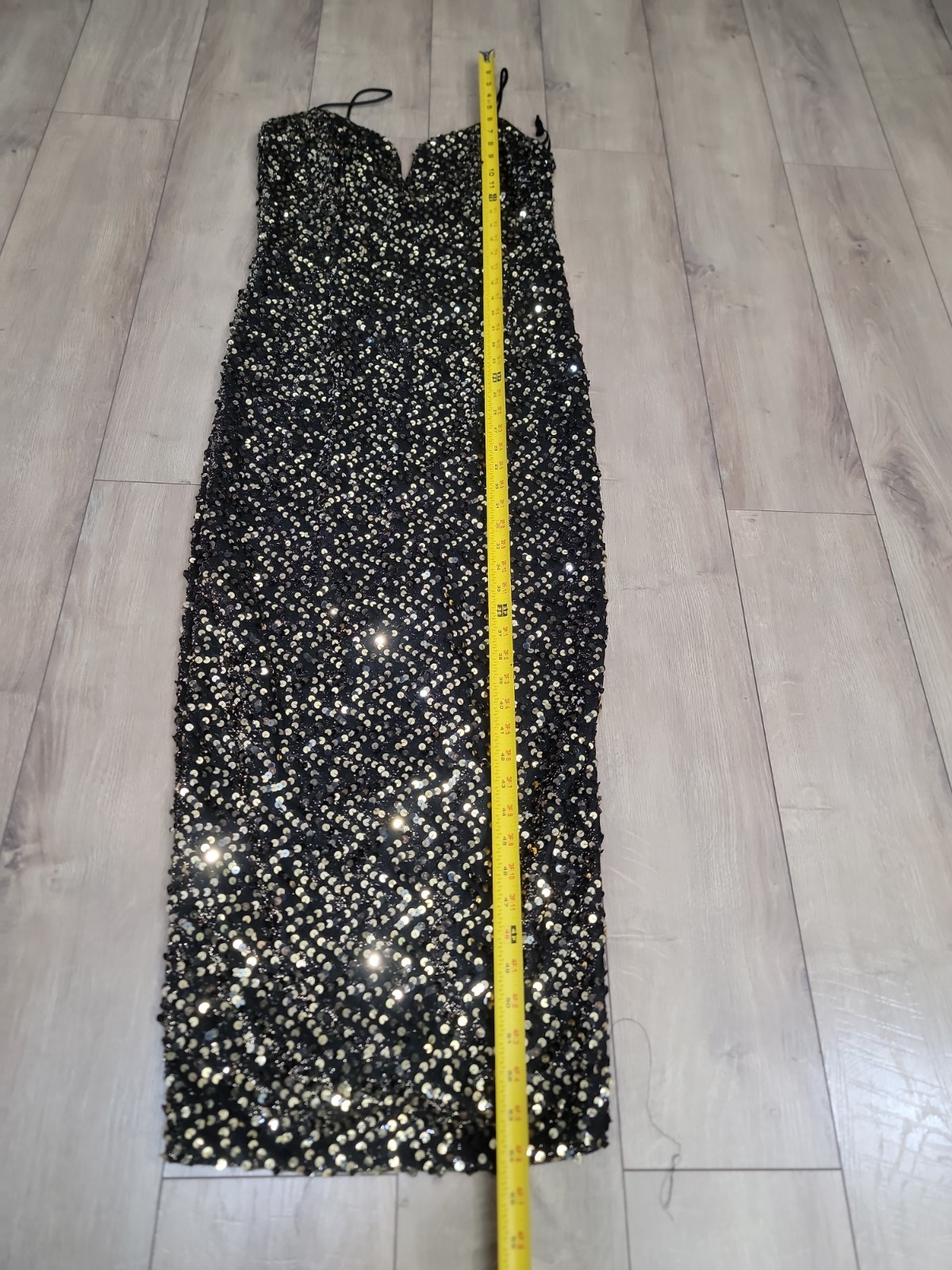 Vintage 90s Jessica McClintock Black Gold Sequin Column Maxi Evening Dress