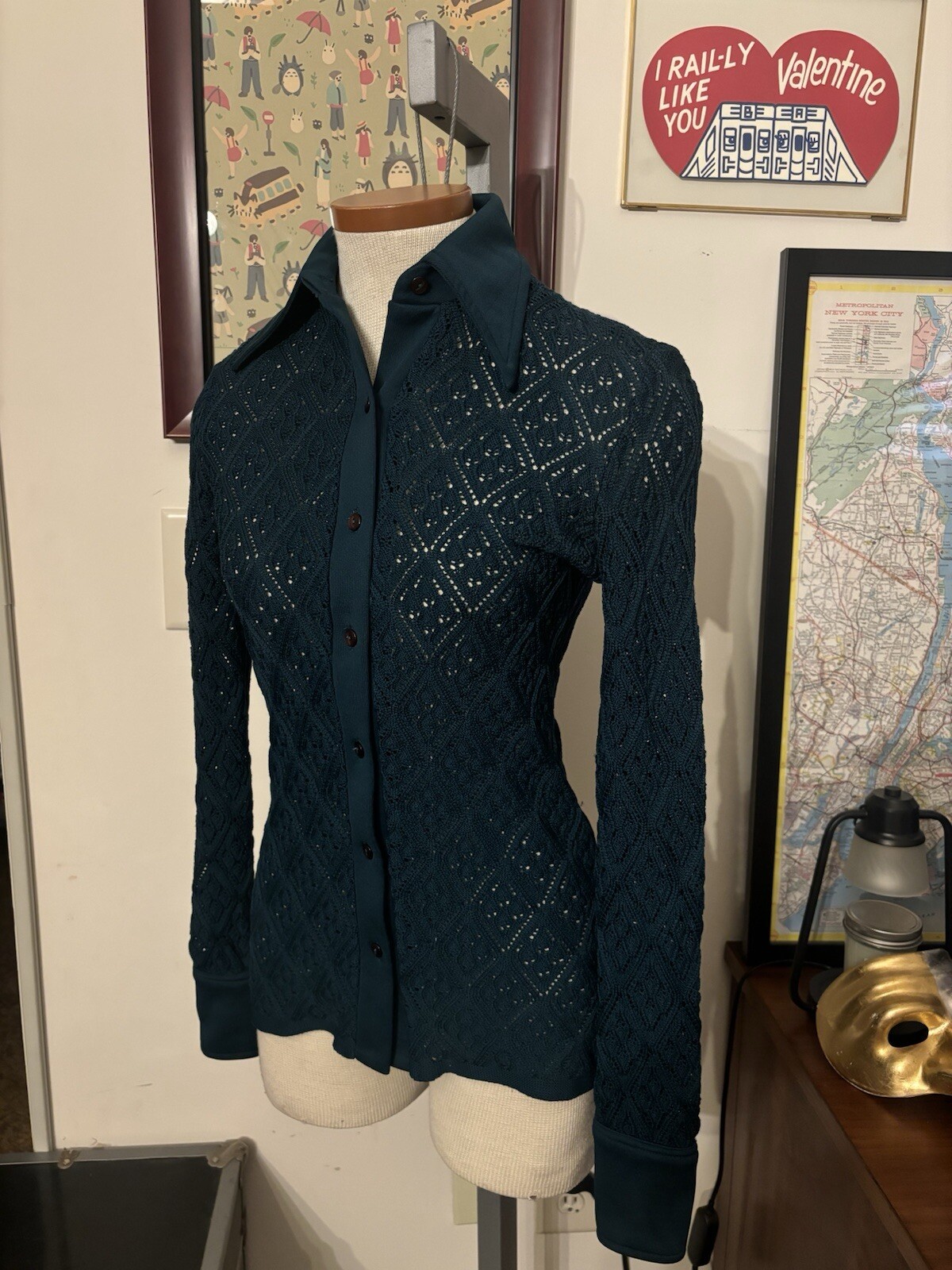 VINTAGE: Pointed Collar Geometric Sheer Knit Blouse *SZ. XS/S (PINE GREEN)