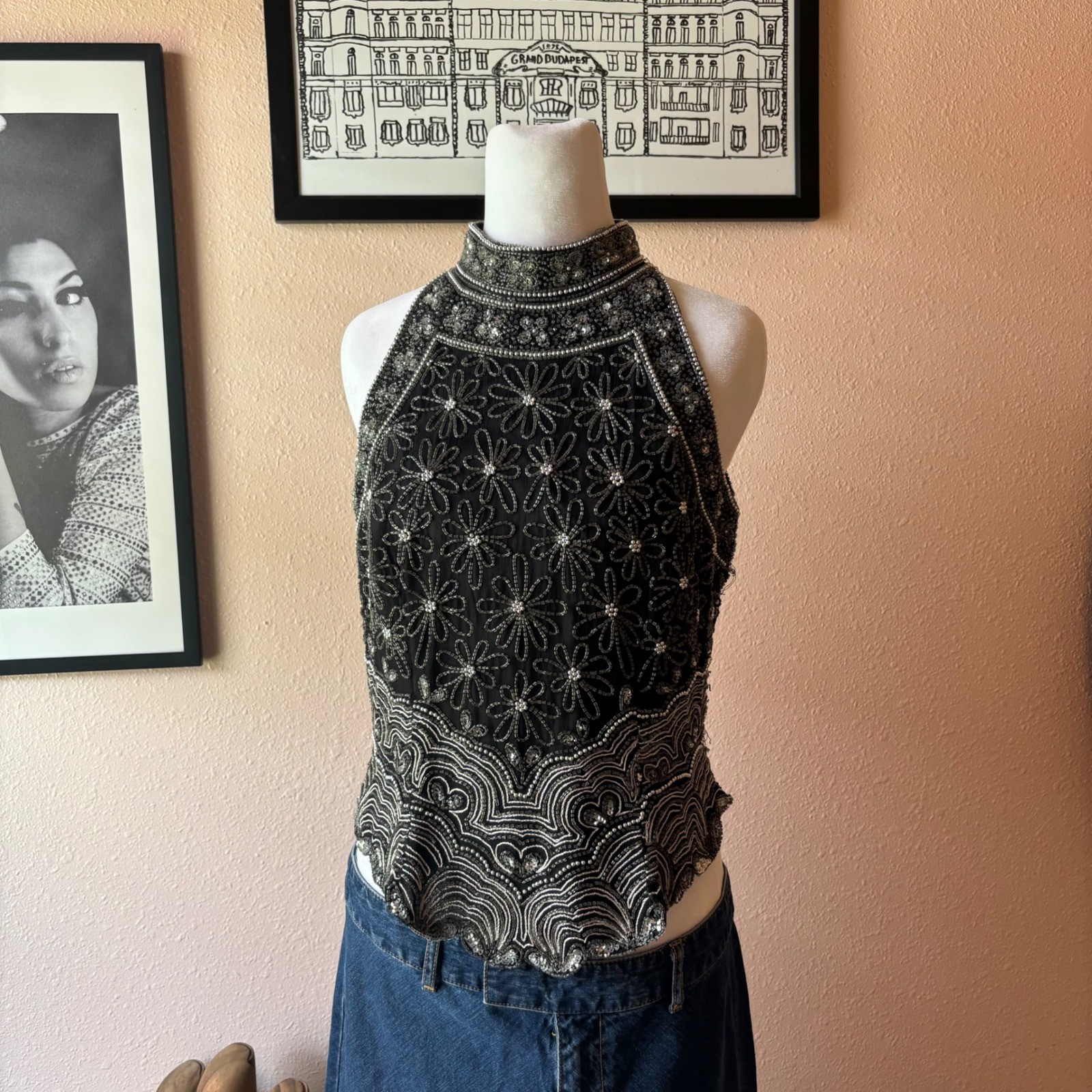 Vintage Papell Boutique Silk Beaded High Neck Blouse