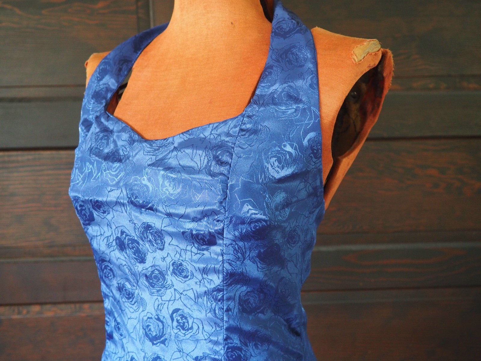 VTG 60s 70s Royal Blue Rose Sweetheart Halter Cocktail Party Formal Dress Sz S
