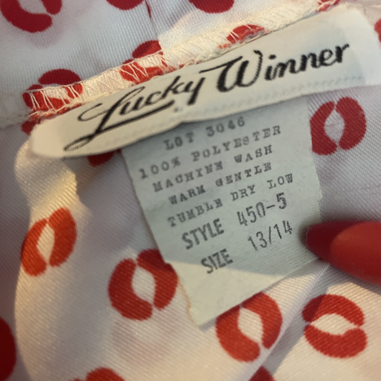 Vintage Lucky Winner Blouse Top Attached Skinny Tie Scarf White Red Design M