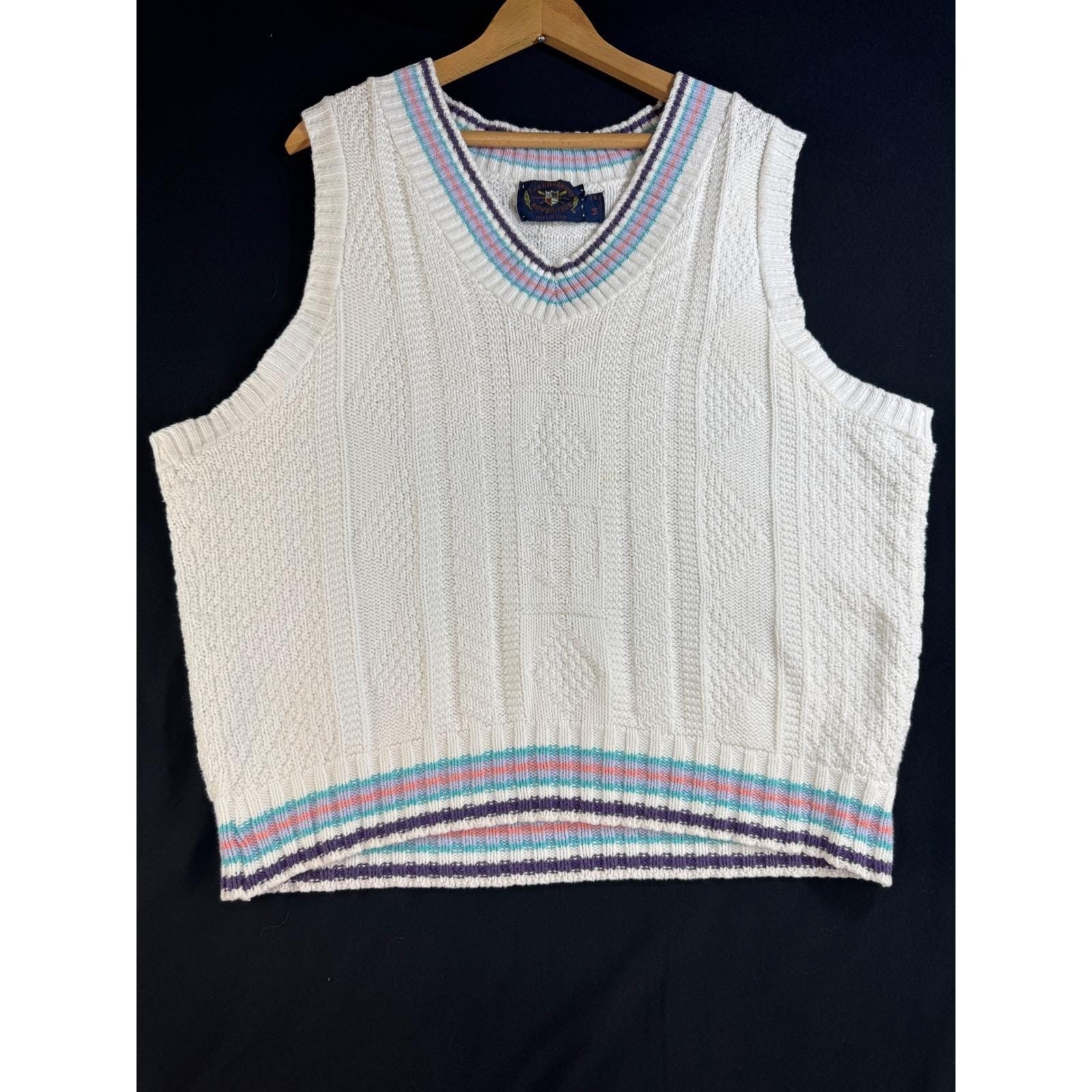 Vintage Coastal Golf Tennis Sweater Vest Cable Knit Pastel Trim USA M