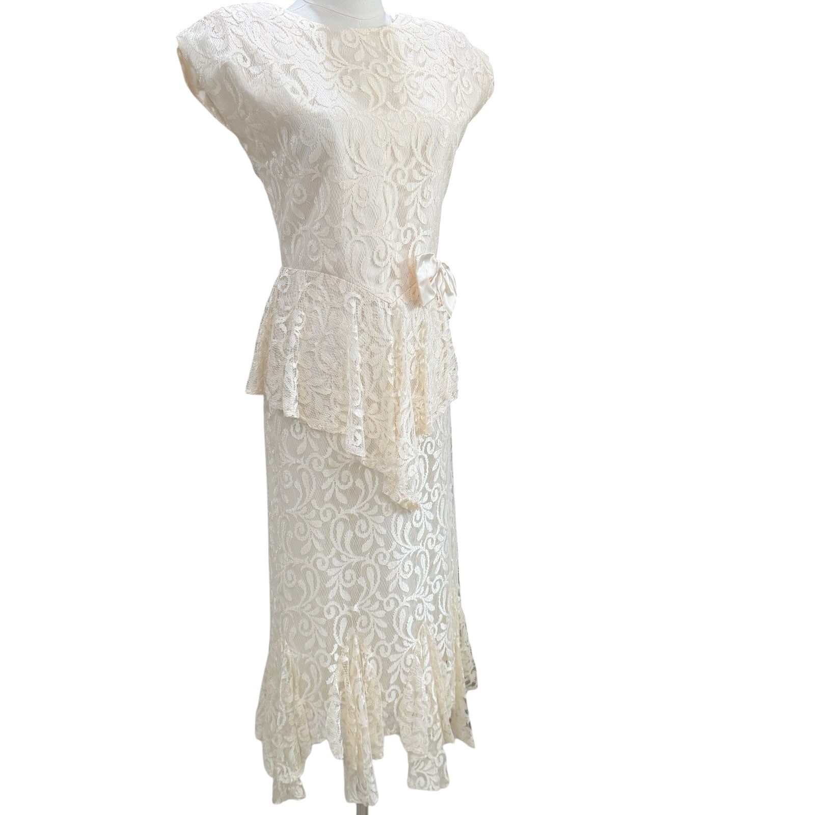 Vintage Zum Zum Lace Peplum Midi Dress Ivory Cream Bow Handkerchief Hem Bridal