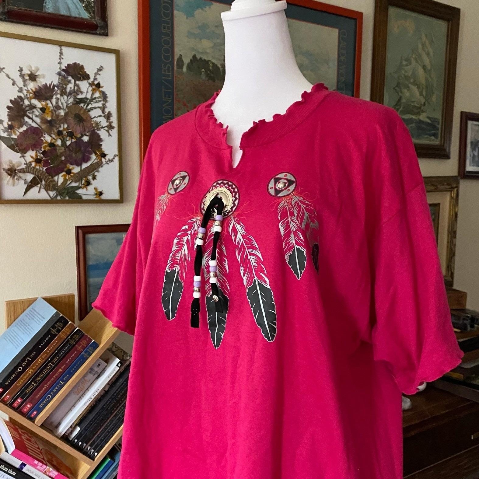 Vintage Beaded Feather Pink T Shirt XL Western Cowgirl Native Rodeo Bedazzled