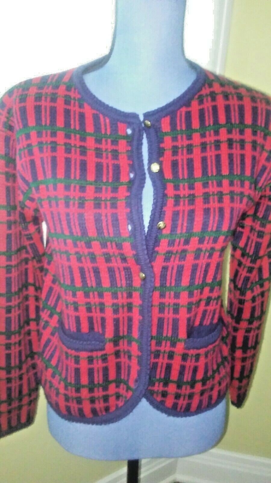 Vintage Hasting & Smith Plaid Short Sweater Cardigan Womens Size Small