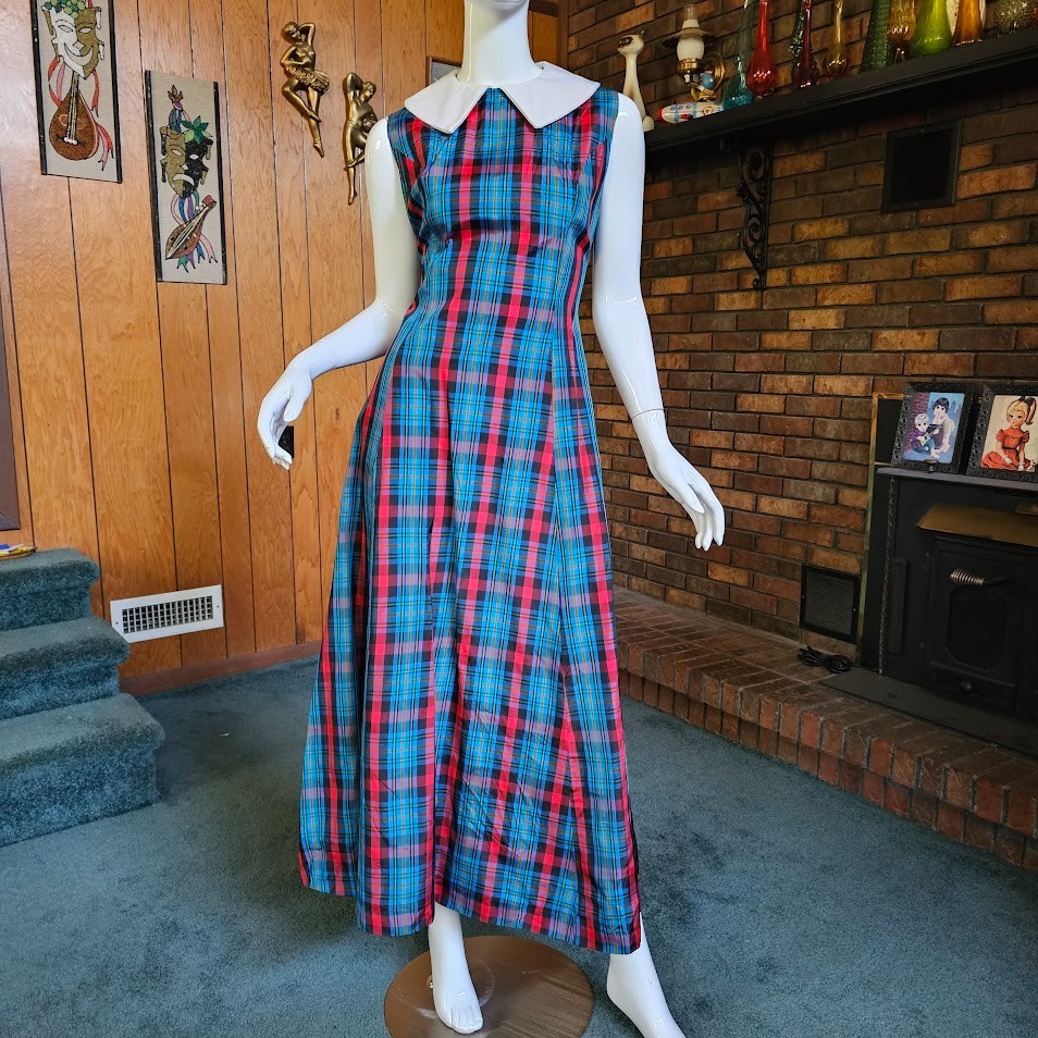 Vtg 70s Mod Plaid Taffeta Holiday Party Peter Pan Collar Gown Maxi Dress M/L