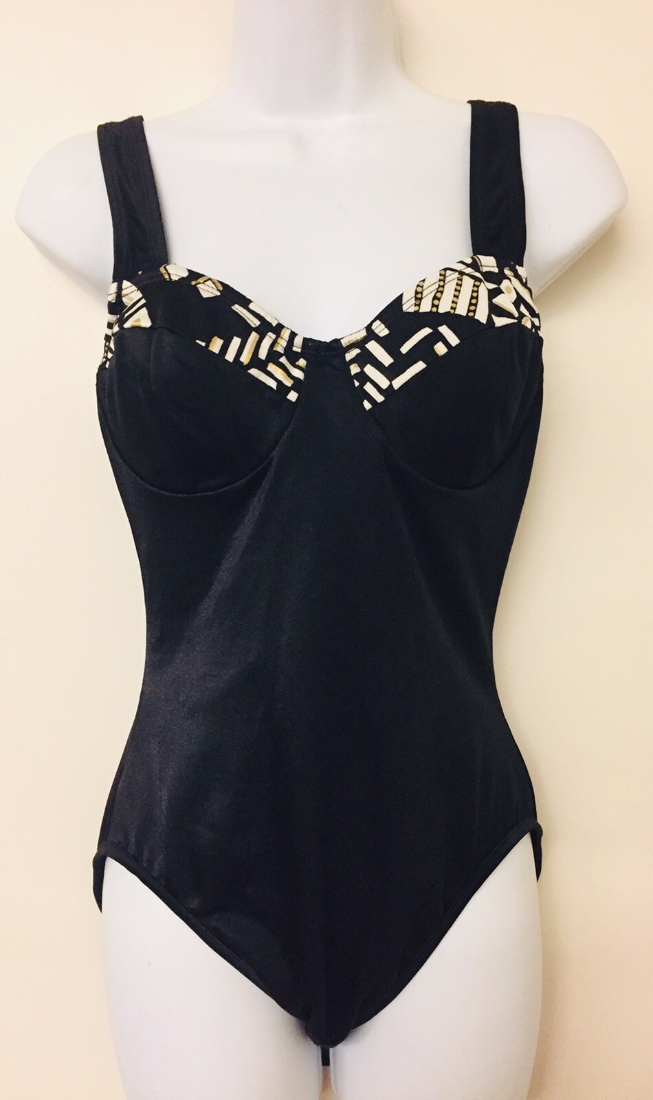 Christina Black White Gold Balconette One Piece Swimsuit Vintage 1980s Size 14