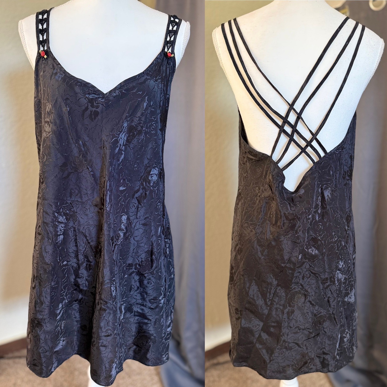 Vintage Expressions by California Black Floral Satin Slip Dress Strappy Back