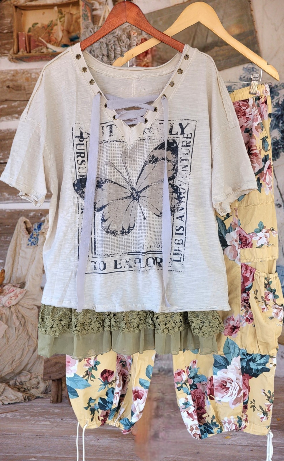 Free People Magnolia Style Cream Cotton hippie boho t-shirt top blouse shirt L