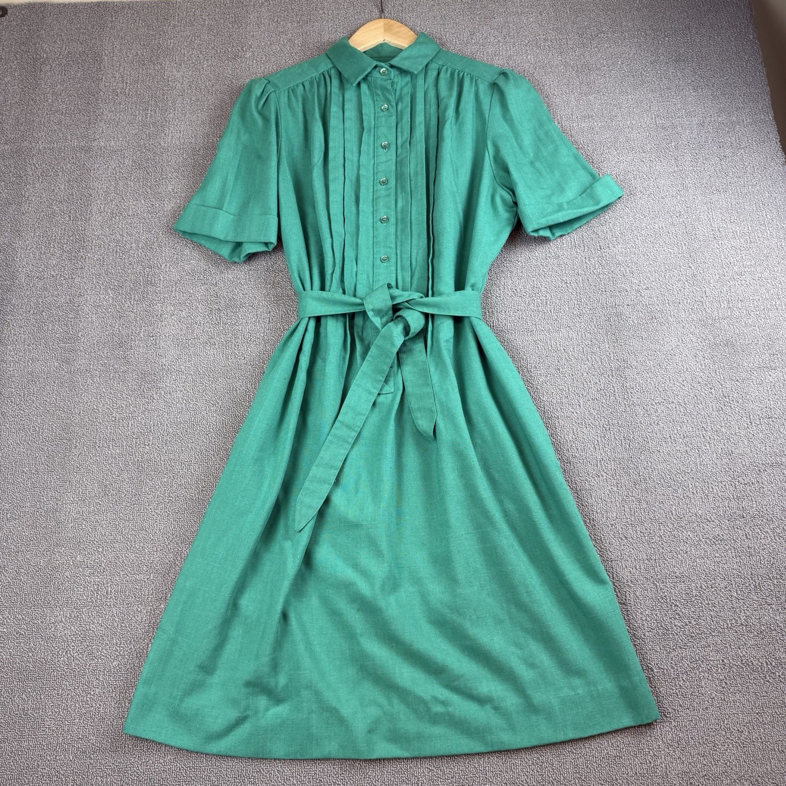 VTG 70s Schrader Sport Green Shirtwaist Dress ILGWU Union Made Pleated Sz 12
