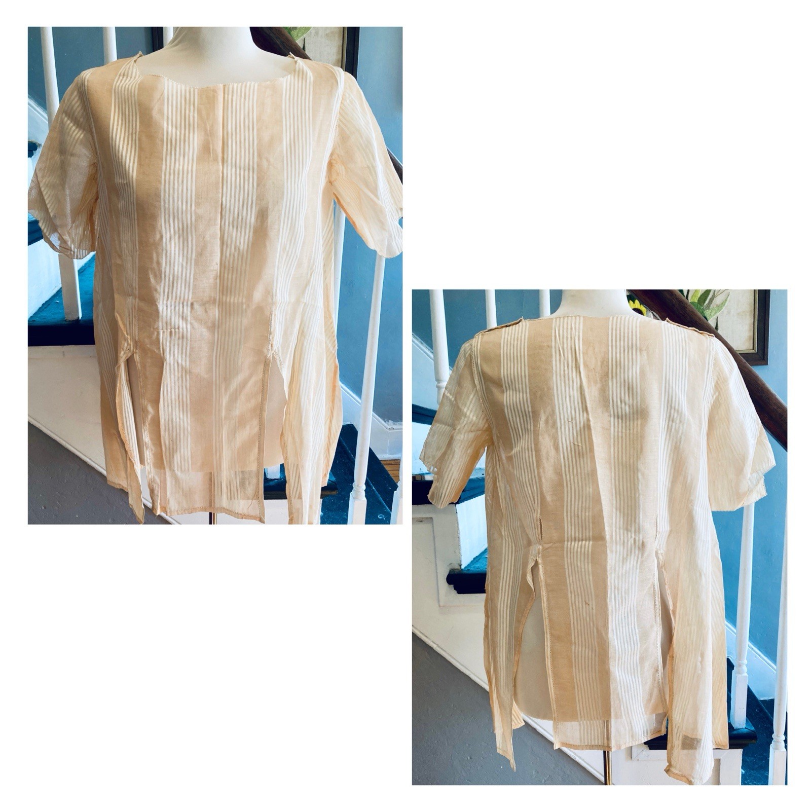 1910s 1920s Edwardian Flapper Peach Pastel Tunic Shadow Stripe Blouse Top Summer