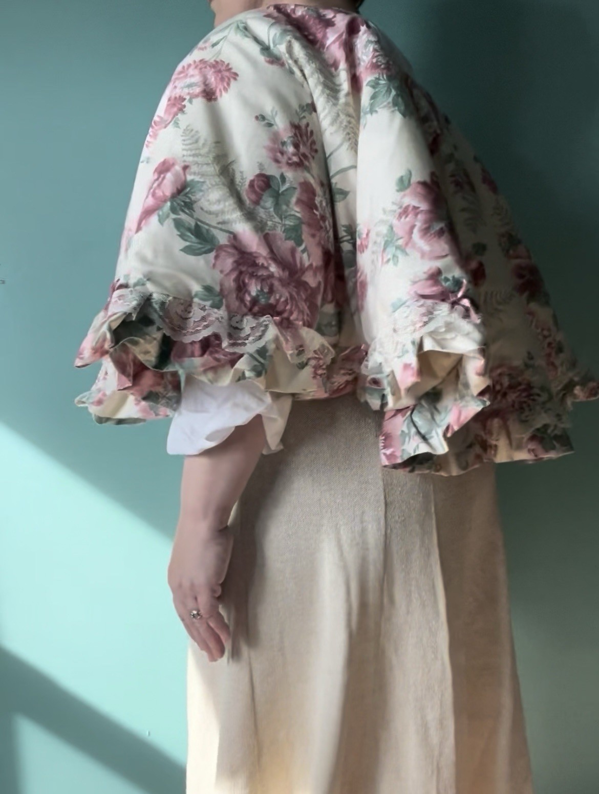 Cottagecore quilted Lace Floral Cape/caplet/shawl