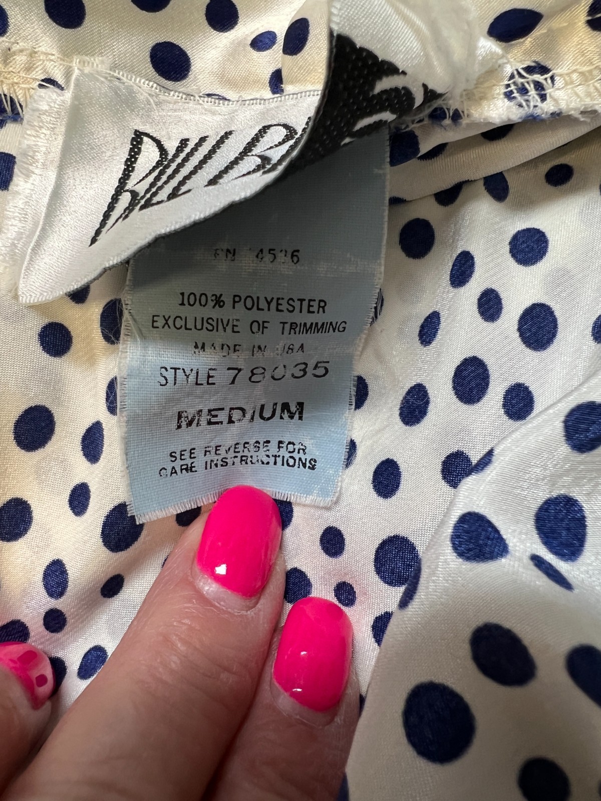 VTG Bill Blass Women’s Medium Satin Bath Robe White w/Blue Polka Dots Belted