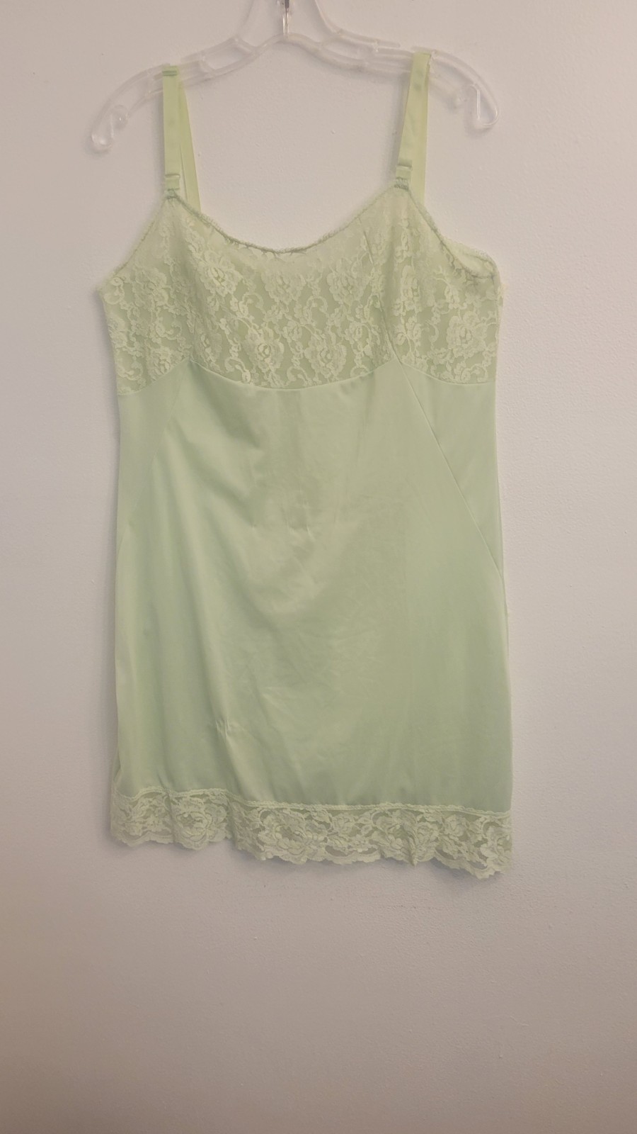 Monsanto Slip Dress L38 Lace Trim Green Nylon Satin Short Ajust.straps U.SA Vtg