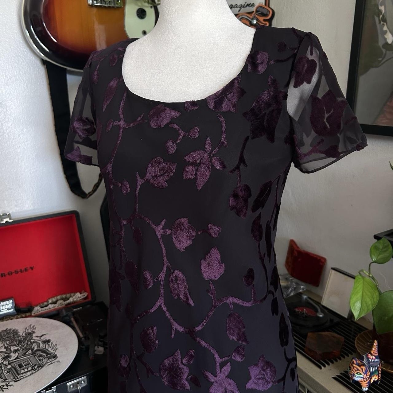 Whimsical Jones New York Black & Purple Floral Dress With Sheer Sleeves