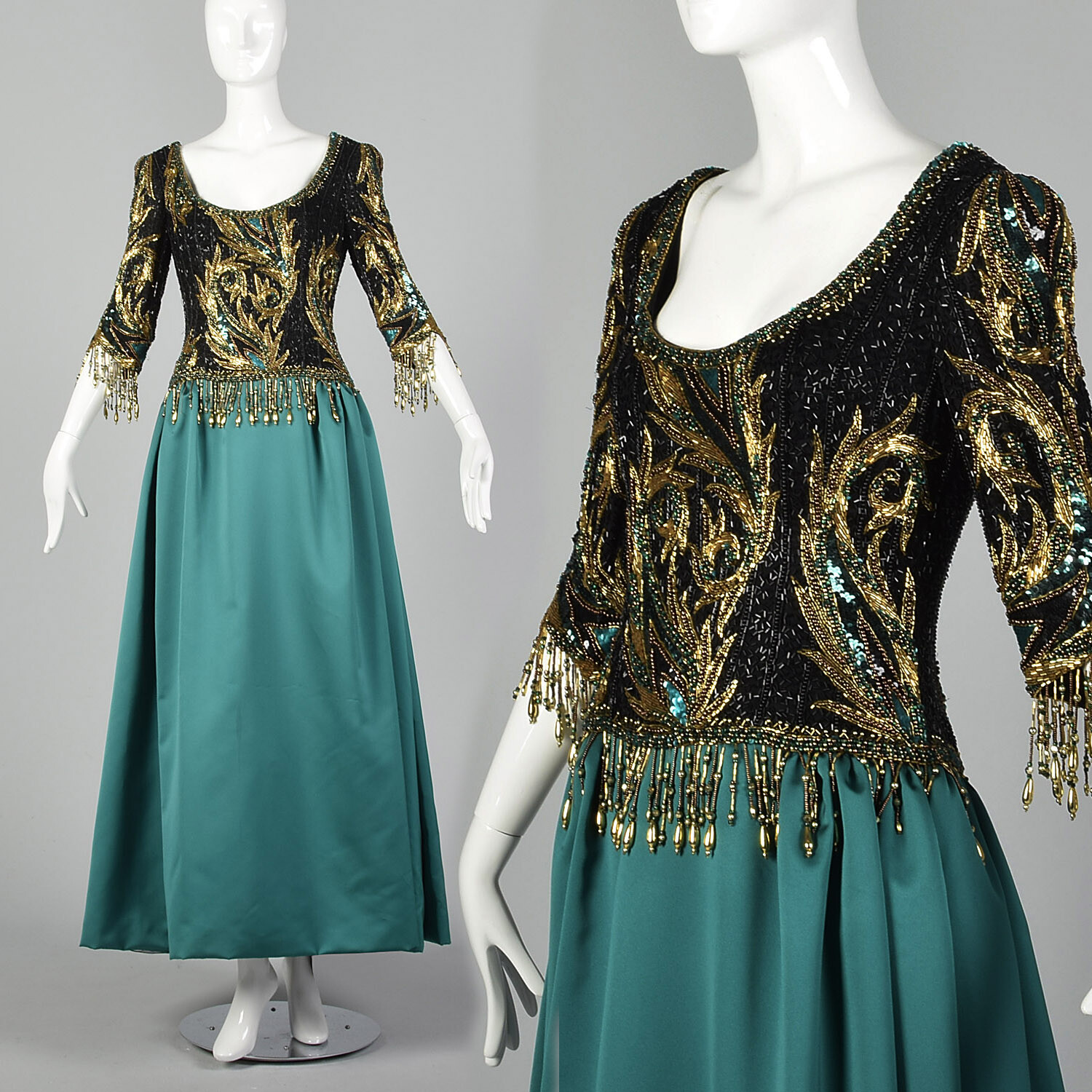 Medium Bob Mackie Boutique Green Dress 1990s Gold Beaded Black Ball Gown 90s VTG