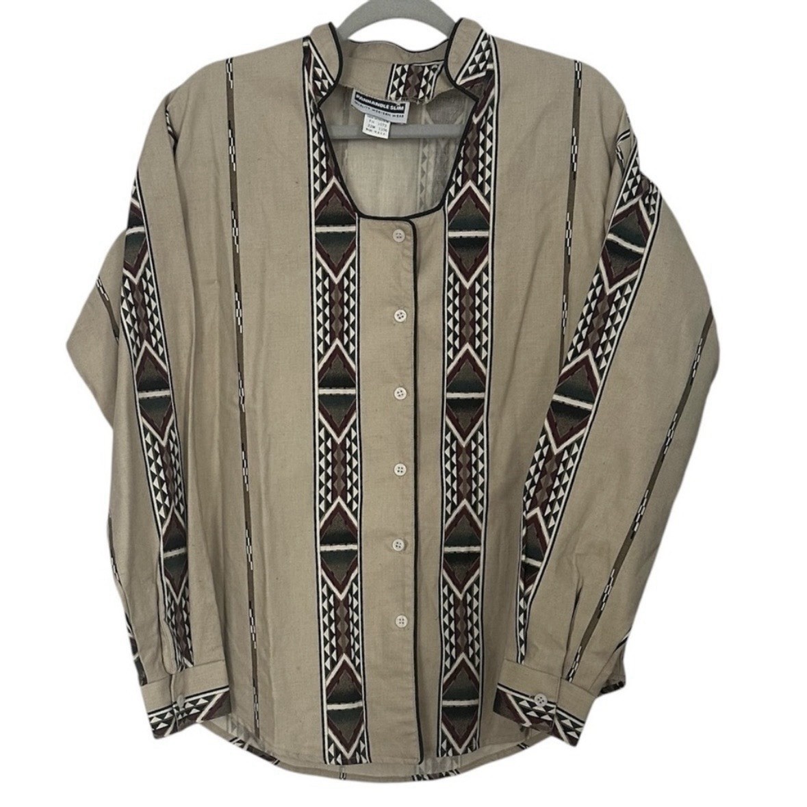 Vtg Panhandle Slim Aztec Shirt Tan & Brown Rare Scoop Neck Western Cosplay Sz M