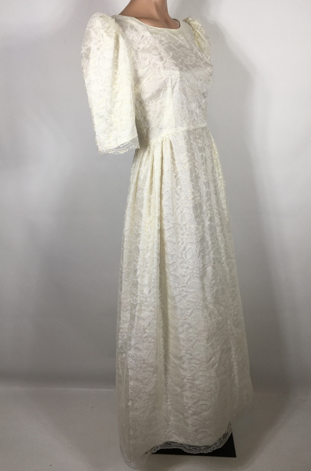 VTG 80s Puffy Sleeve Dress Floral Lace PROM Party Wedding Metallic Lame EUC S/M