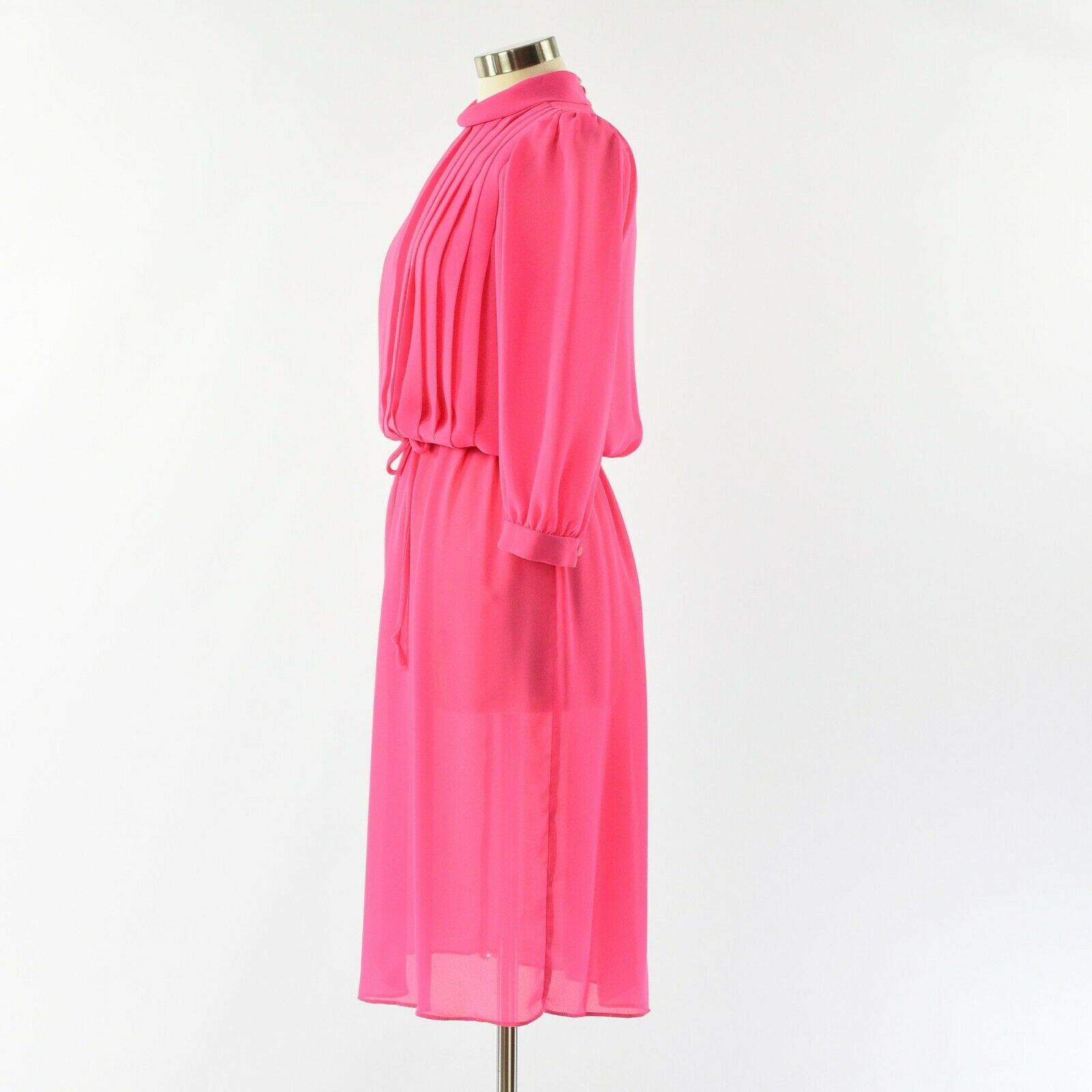 70’s Vintage Bright Pink Blouson Dress Mock Neck Womens L or 12 Amy-Deb