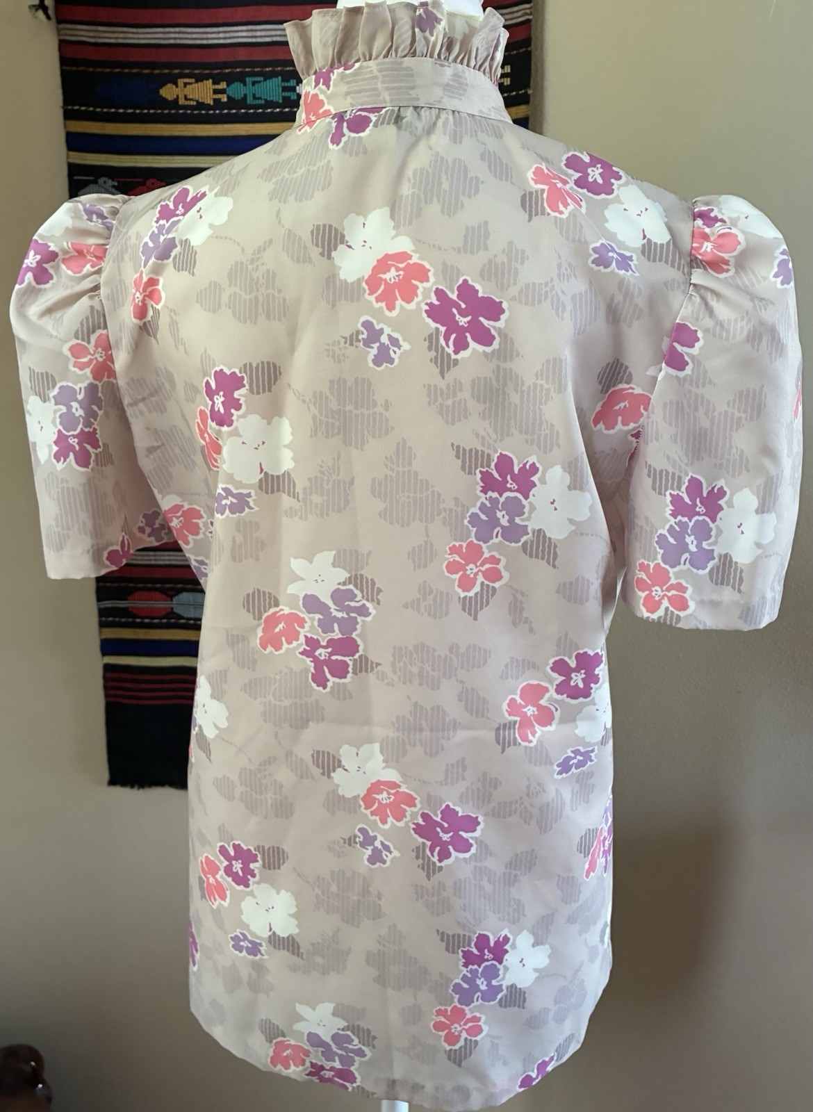 Vintage 80s Lucky Winner Ruffled High Neck Blouse Secretary Geek USA size M