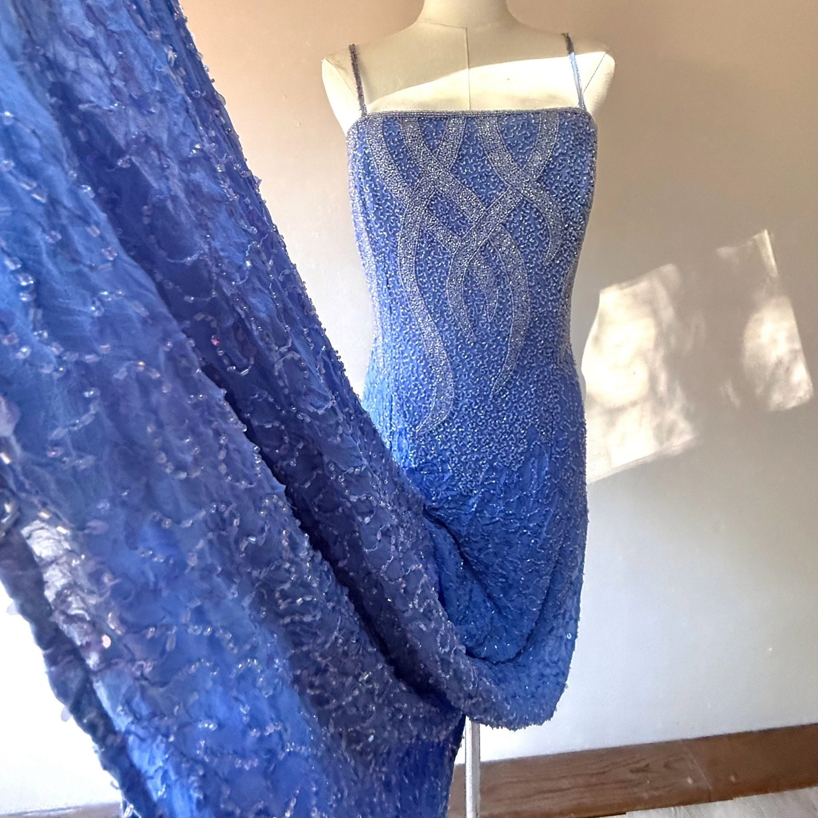 Vintage Blue Fully Beaded 100% Silk Maxi Column Evening Gown