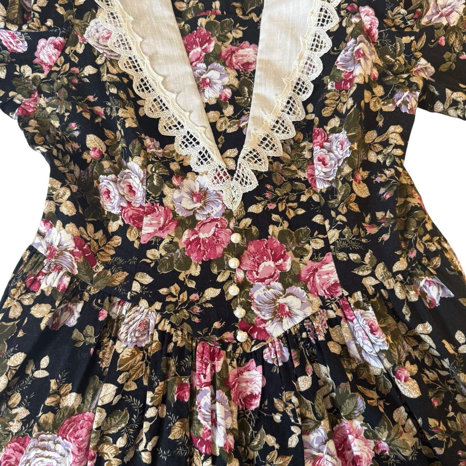 Vintage 80s Dark Cottagecore Black Floral Midi Dress Size Large Lace Prairie
