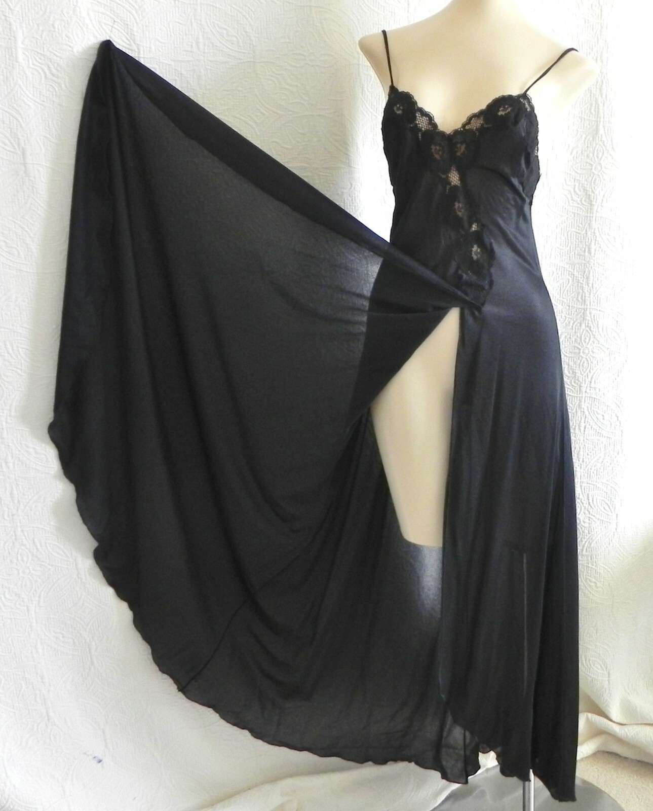 Vtg Glydons Hollywood Nightgown Maxi Slit Off Center Black Lace Trim Size 2XS/XS