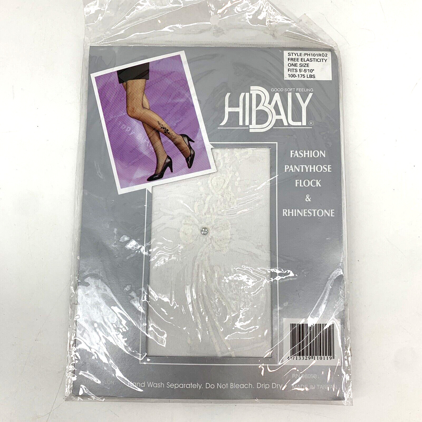 Vintage Hibaly Pantyhose White Flocked Bow & Rhinestone One Size 100-175lb Pinup