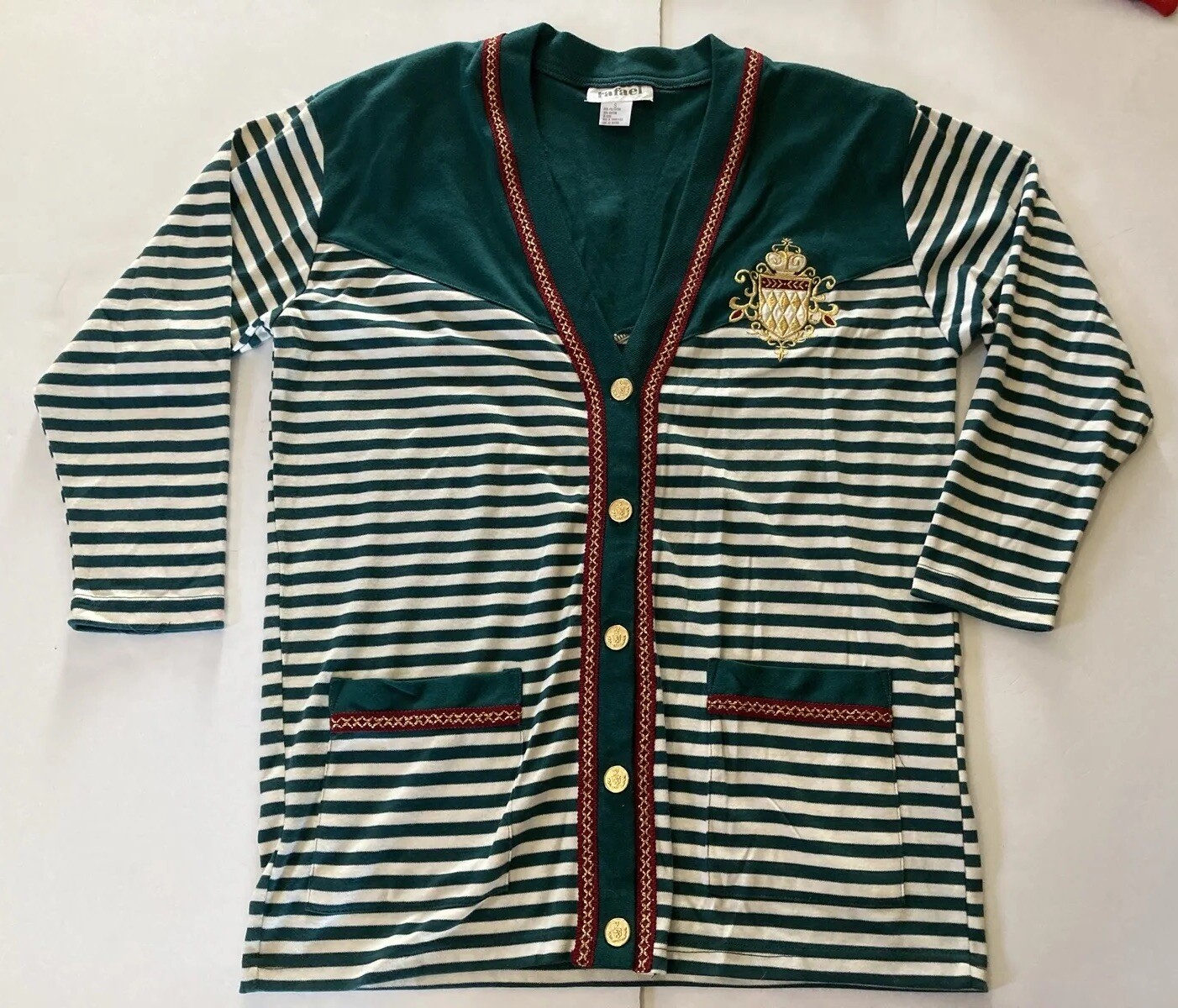 VTG Rafael Woman’s Sz S Button Up Green Stripe Cardigan 3/4 Sleeve