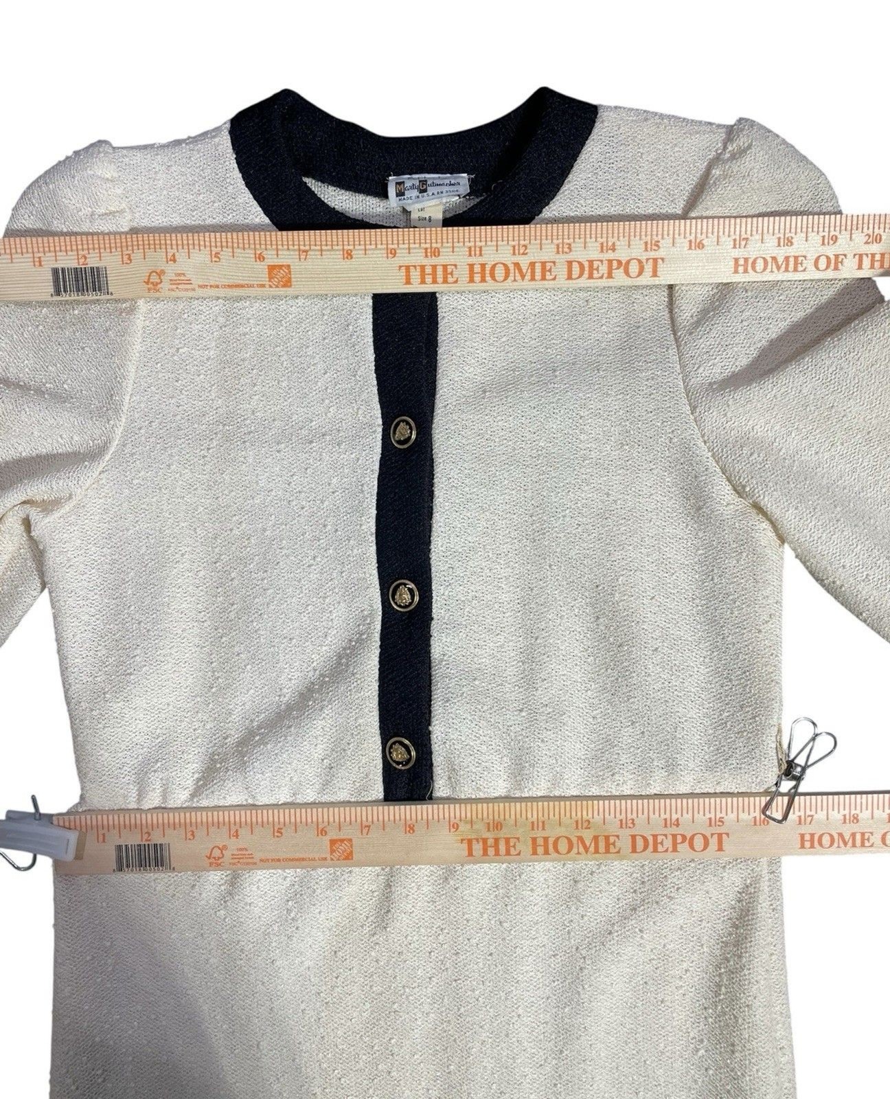 Vintage 80s Cream Textured Dress Black Trim Gold Buttons Midi Preppy Women 8