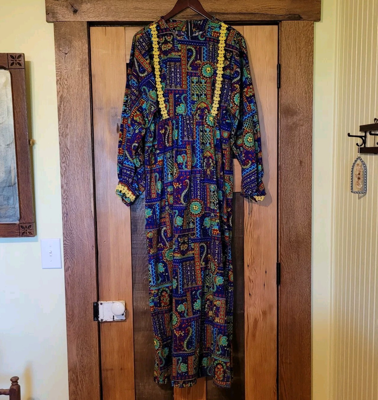 Vtg 60’s 70’s Handmade Purple Yellow Psychedelic Maxi Hippie Bat Wing Dress- Med