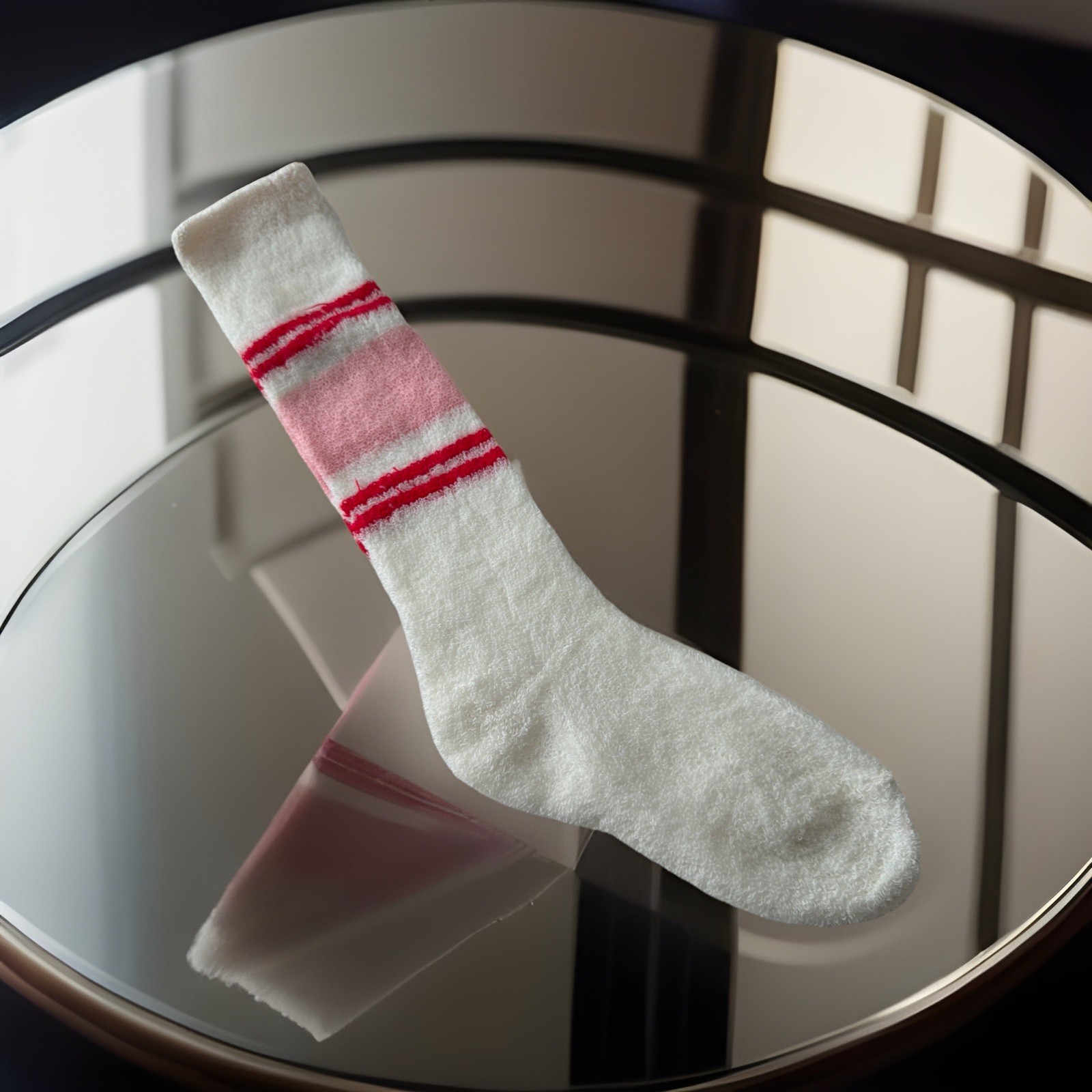 Women’s VTG Socks Crew Over the Calf Pink/Red Striped Acrylic Terry Irreg 8-10