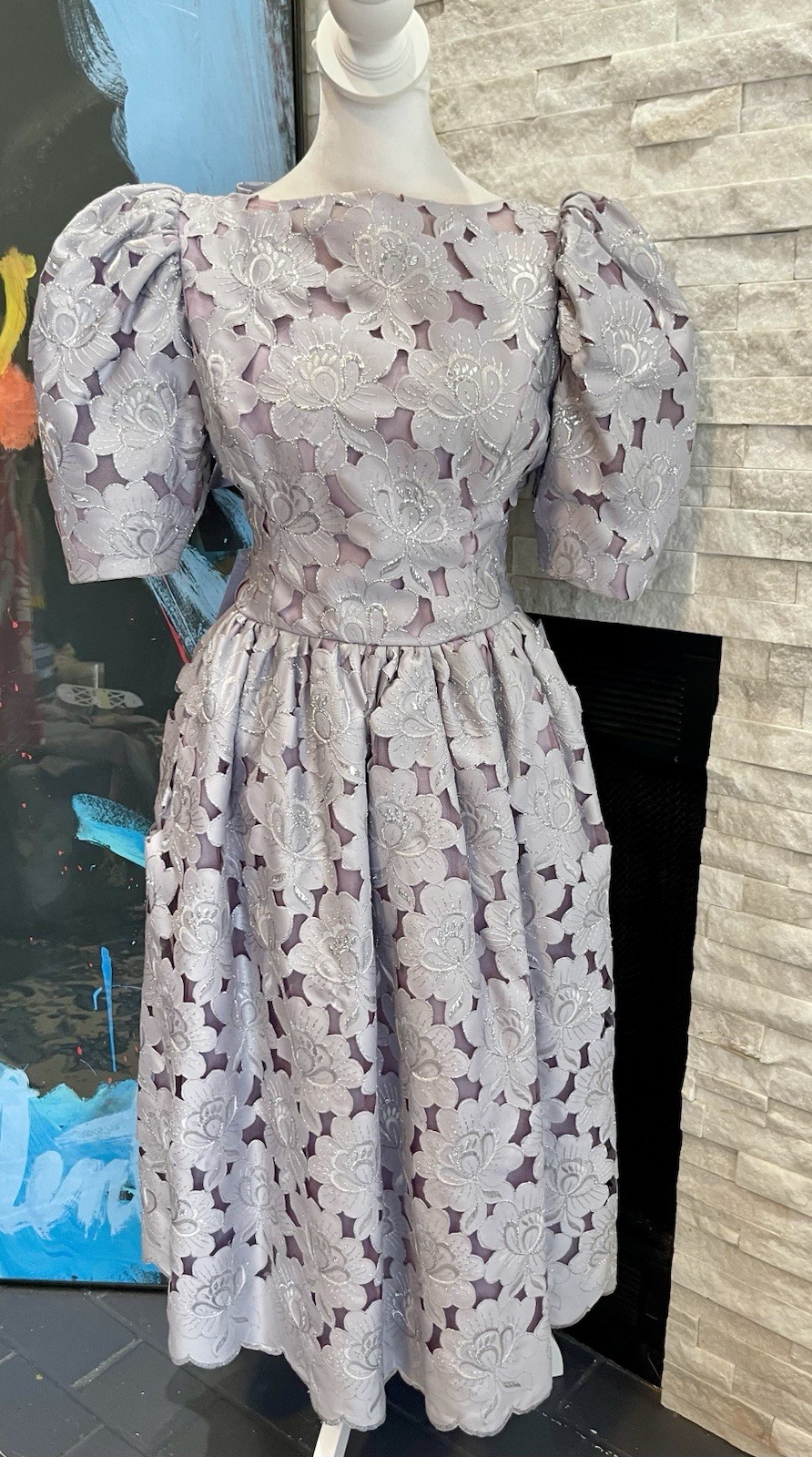 80s Handmade Floral Tea Cottagecore Dress Back Bows Full Skirt Metallic Vintage
