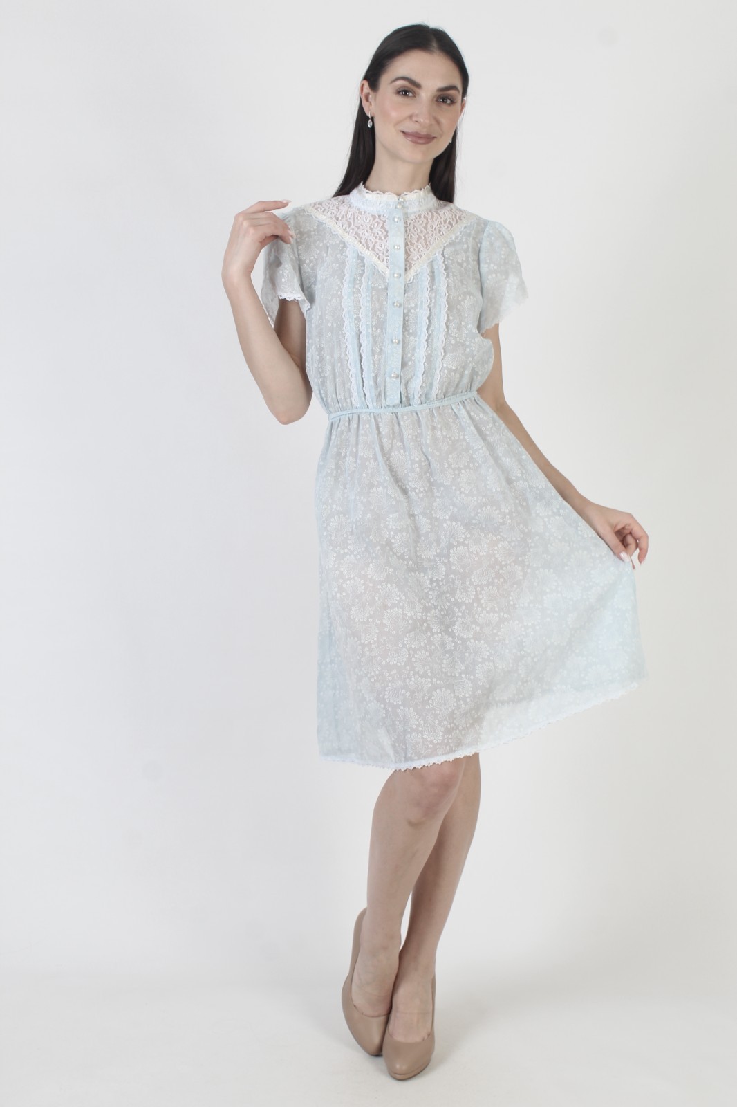 Vtg Wht Floral Lace Dress Prairie Blue Prairie Belted Cottage Split Slv Sundress