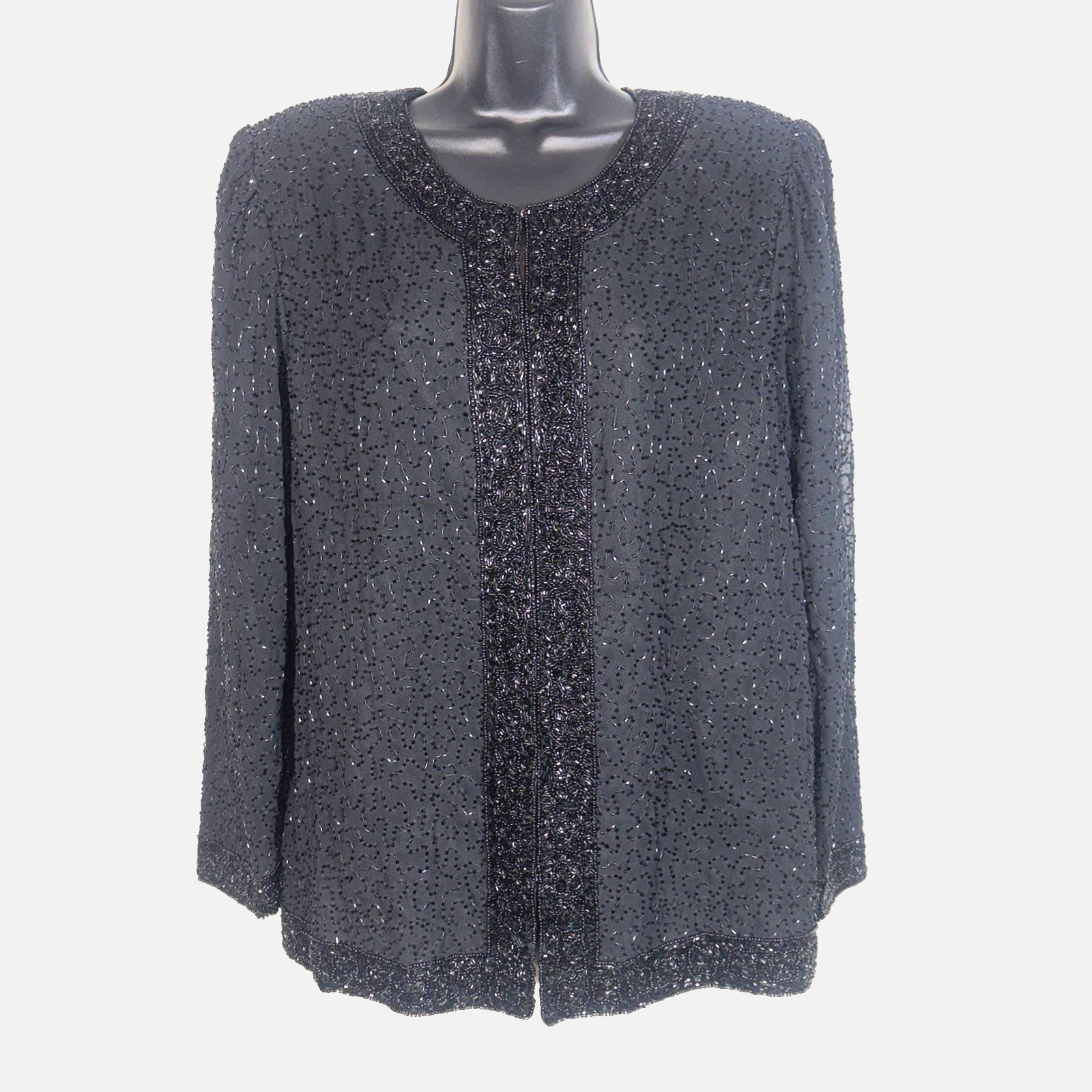 Laurence Kazar Jacket L black fully Beaded Party Mother Cocktail Formal vtg blac