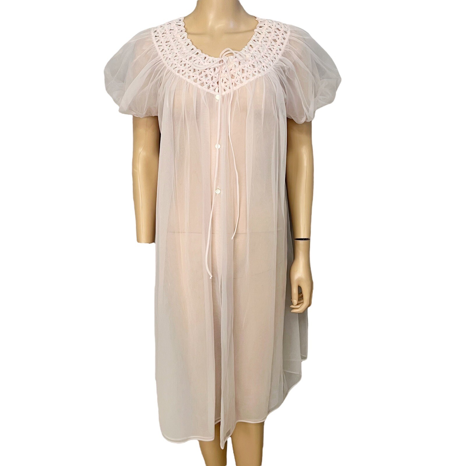 60s VTG Gotham Lingerie Peignoir Robe Medium Nylon Sheer Pink Coquette Retro