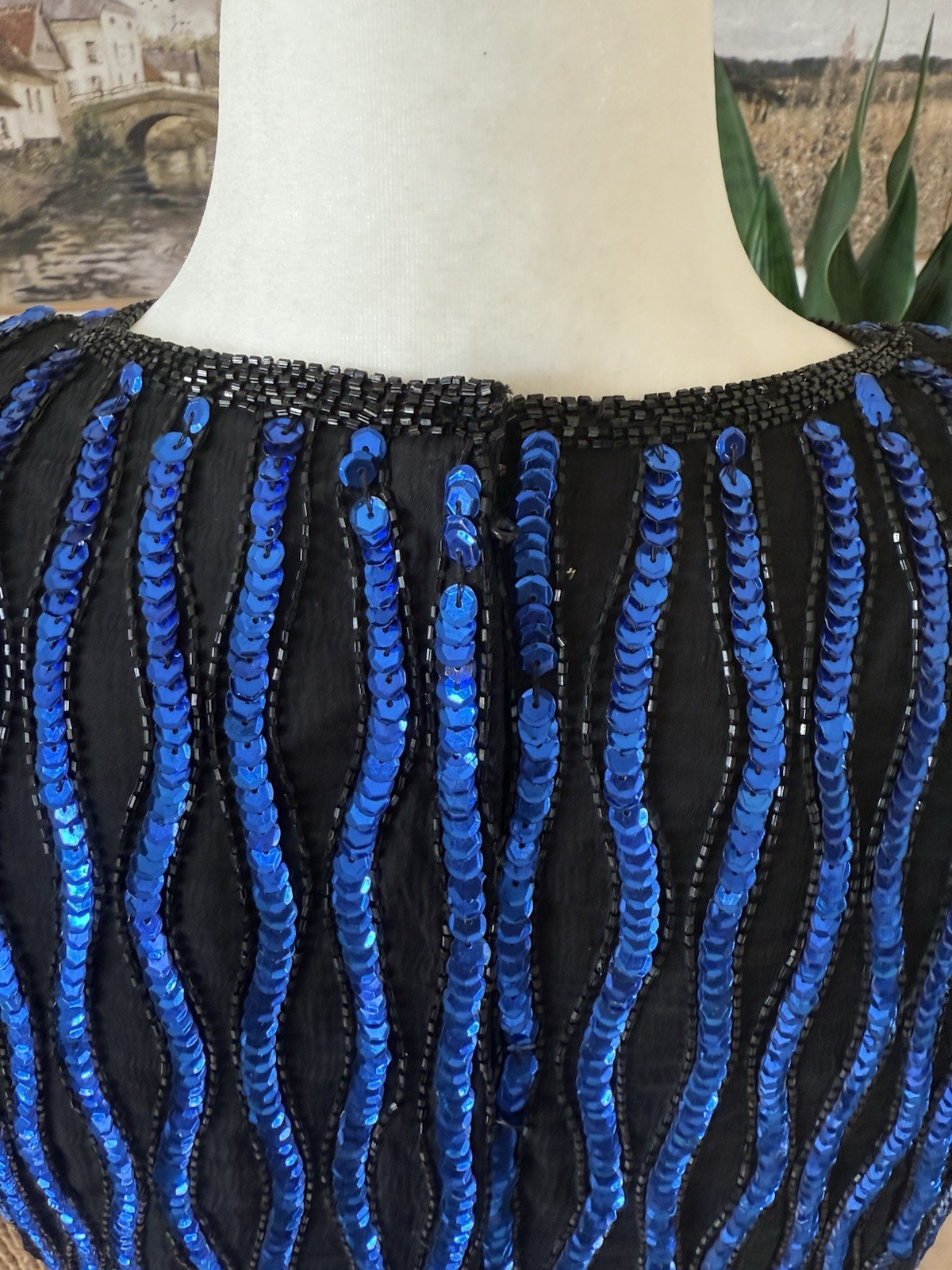 1980’s Stenay Electric Blue And Black Silk & Sequined Top M