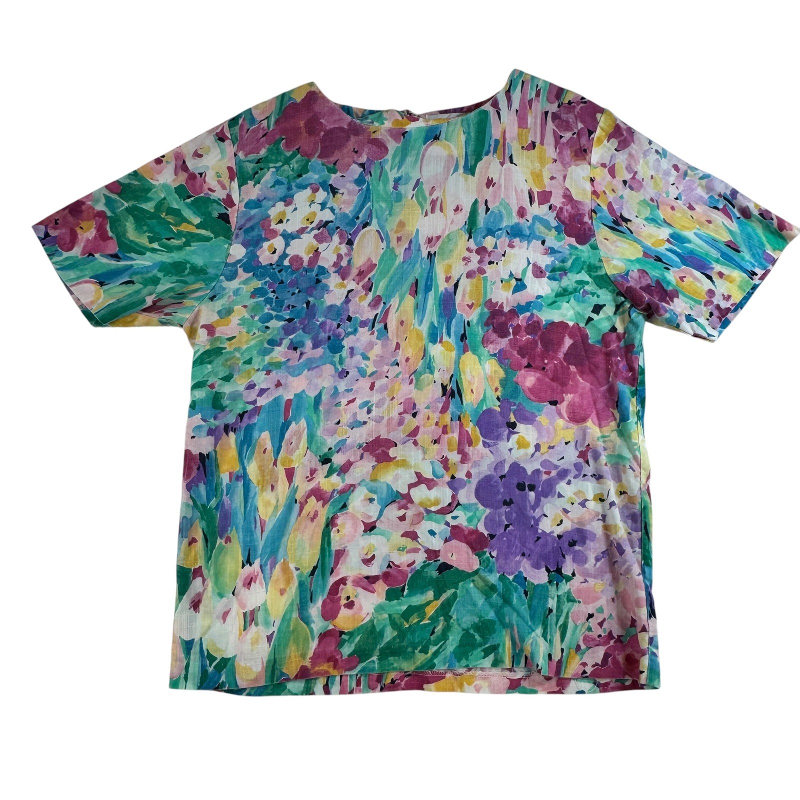 Vintage Floral Watercolor Two Piece Set Pleated Midi Skirt Short Sleeve 80s 90s