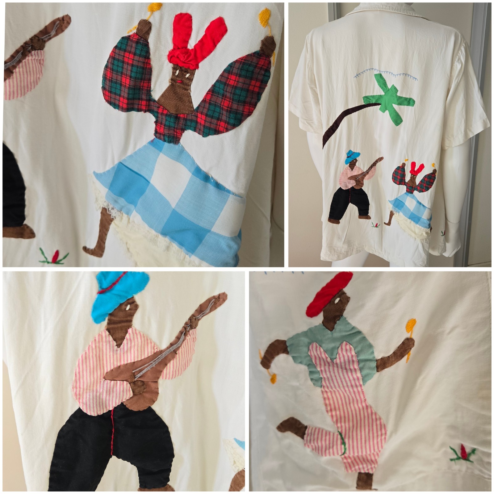 VTG 60s 70s Patchwork I Magnin Shirt Souvenir Embroidered Appliqué Madras Rayon