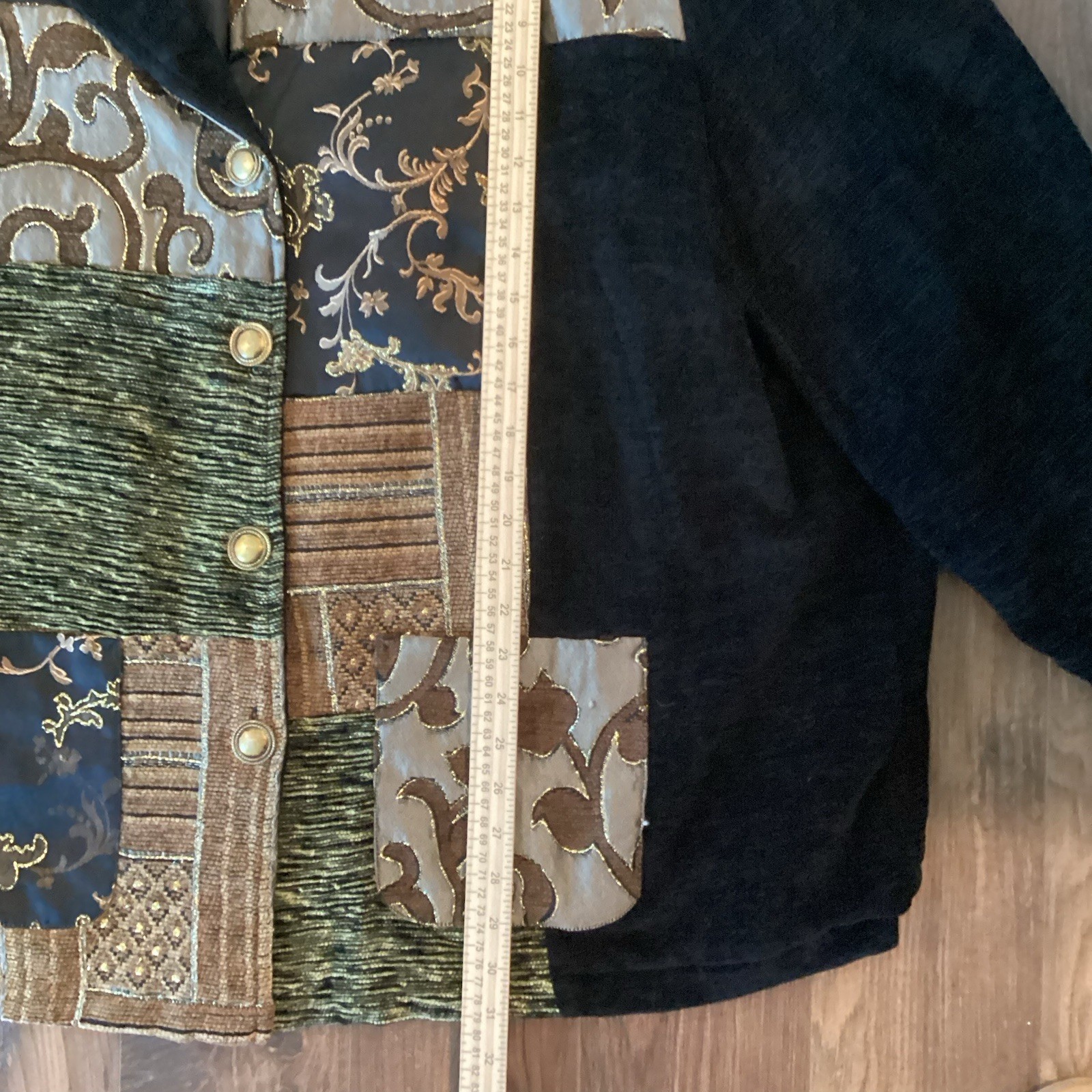 Vtg Maggie Barnes Jacket Retro Patchwork Boho Embroidered Chenille 3X Black Gold