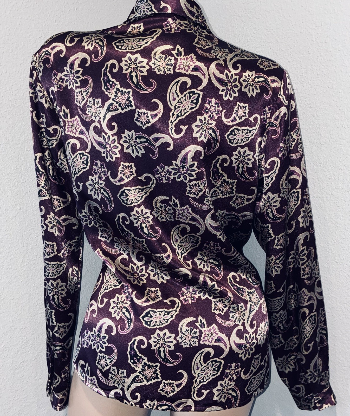 Vtg Purple Plum Paisley Long Sleeve Satin Blouse Top 14