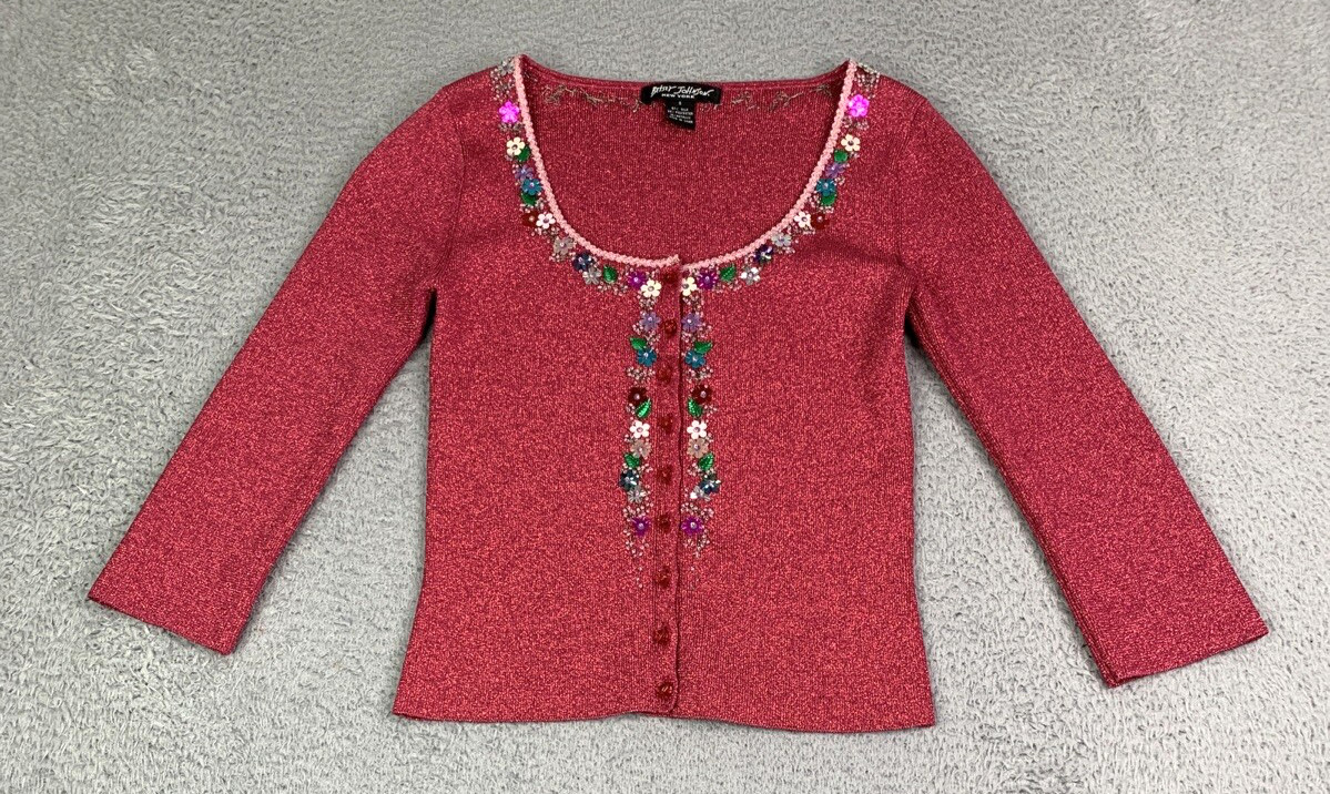 Betsey Johnson Cardigan Womens Size XXSmall Glitter Floral Embellishmed