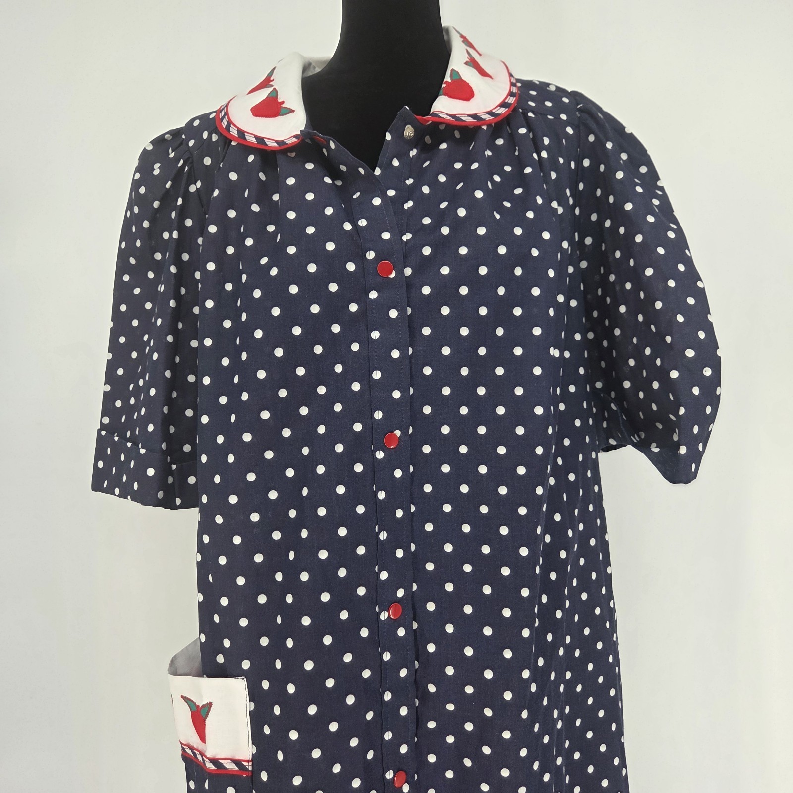 Vtg Models Coat Apple House Dress Medium Navy Polka Dot Snap Down