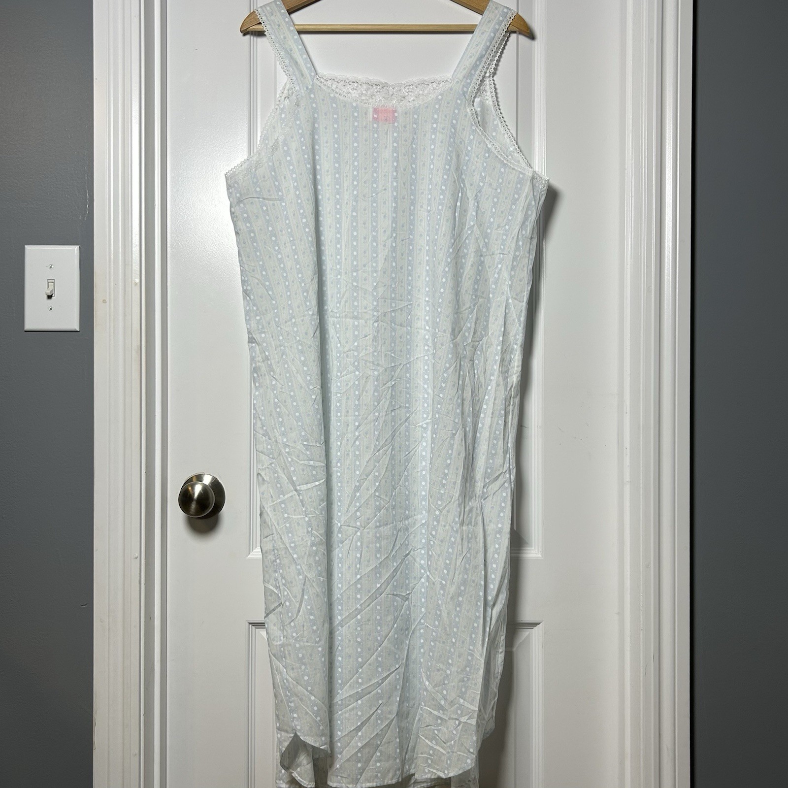 Carriage Court Vintage Sheer Floral Stripe Lace Trim Bow Nightgown Nap Dress