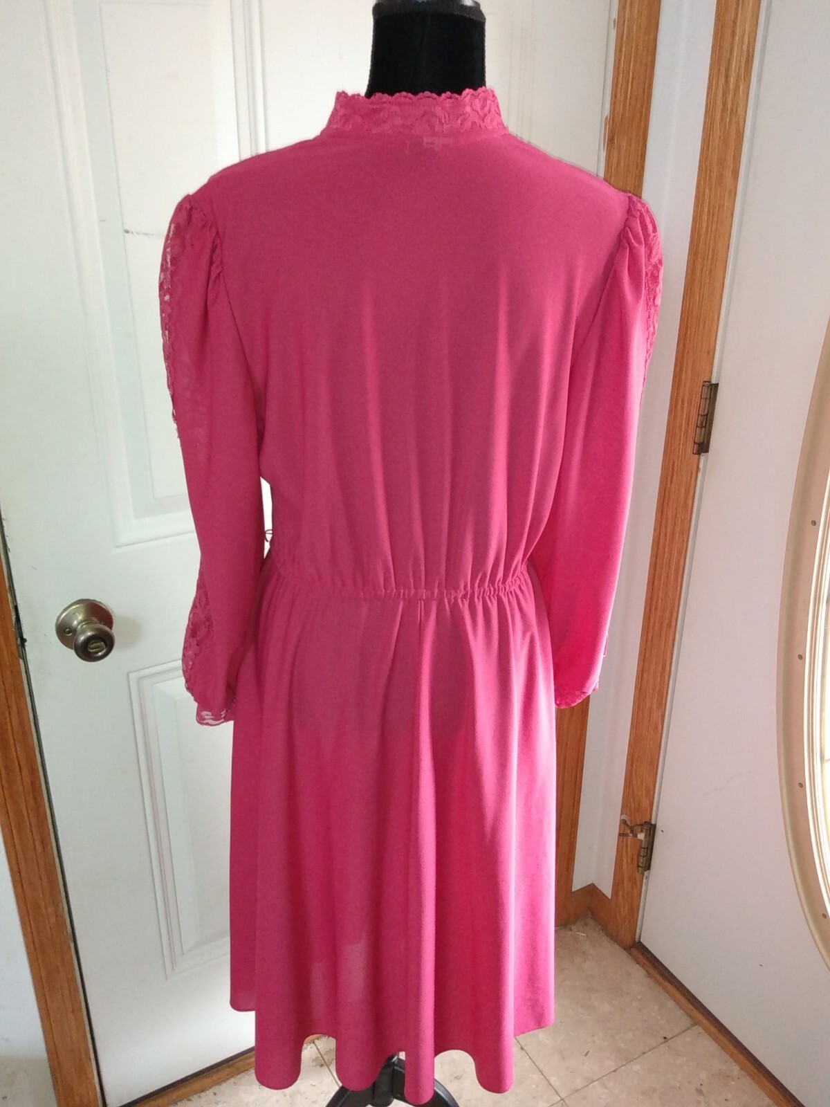 Vtg Jane Baar Dress Raspberry LS Lace Front Collar Elastic Waist No Sz Tag M/L